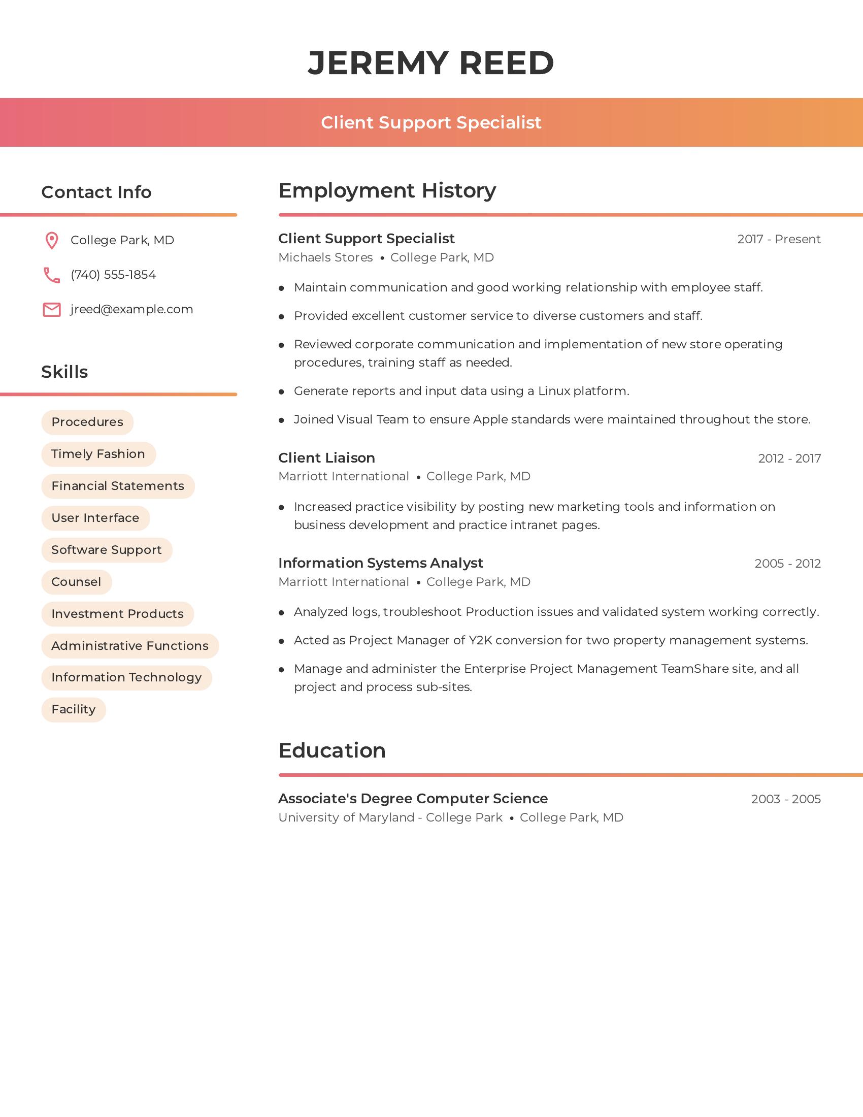 Client Support Specialist resume example