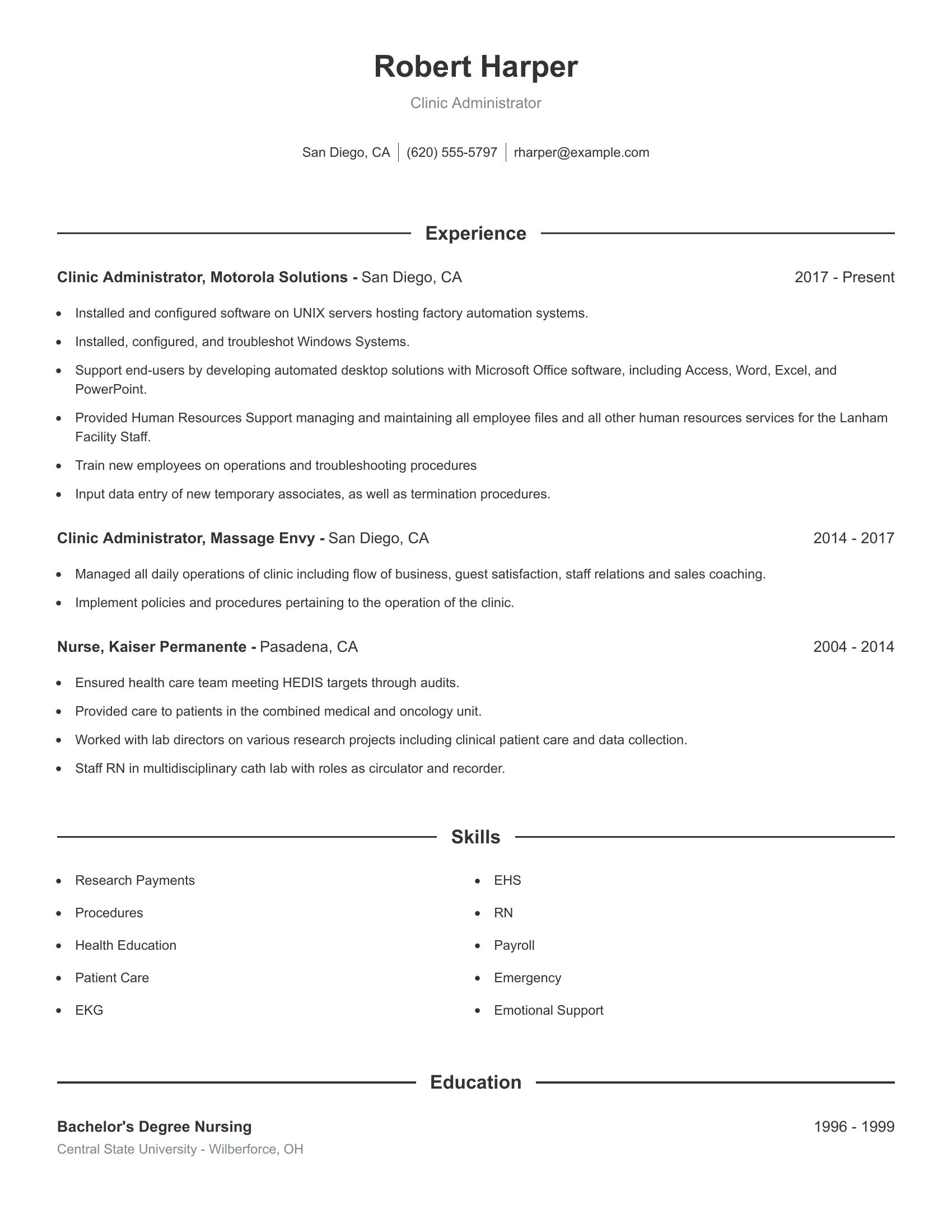 Clinic Administrator resume example