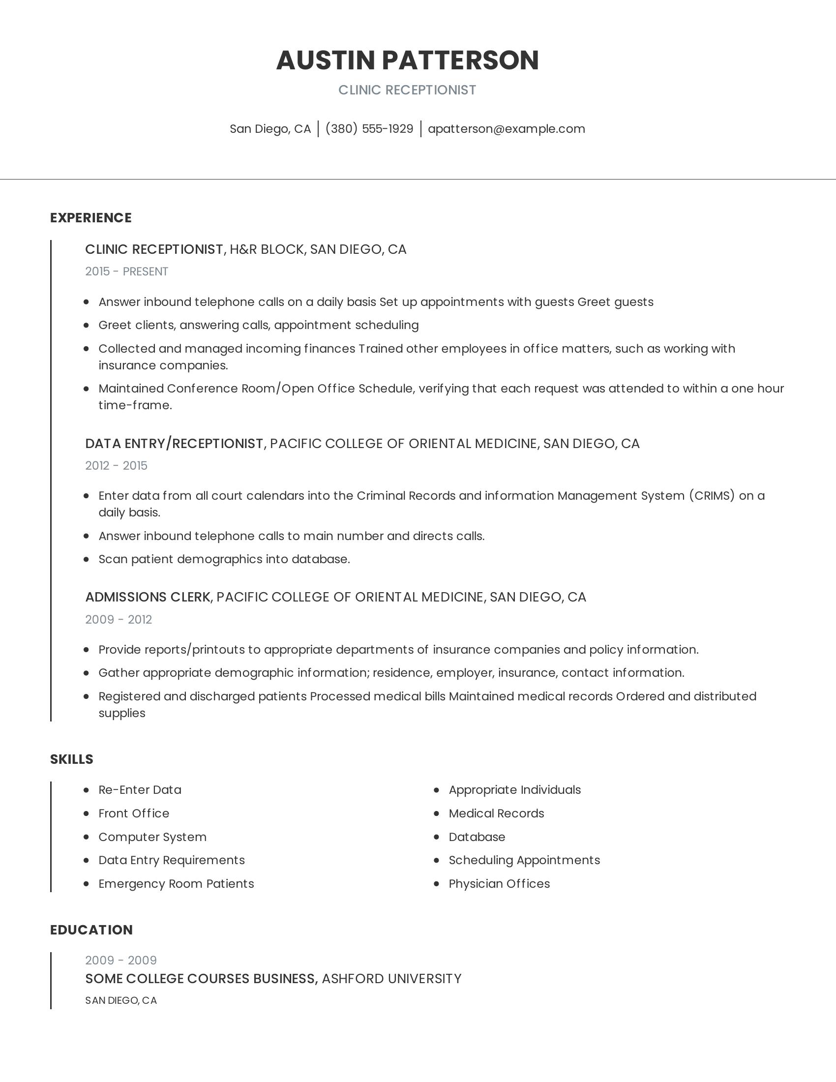 Clinic Receptionist resume example