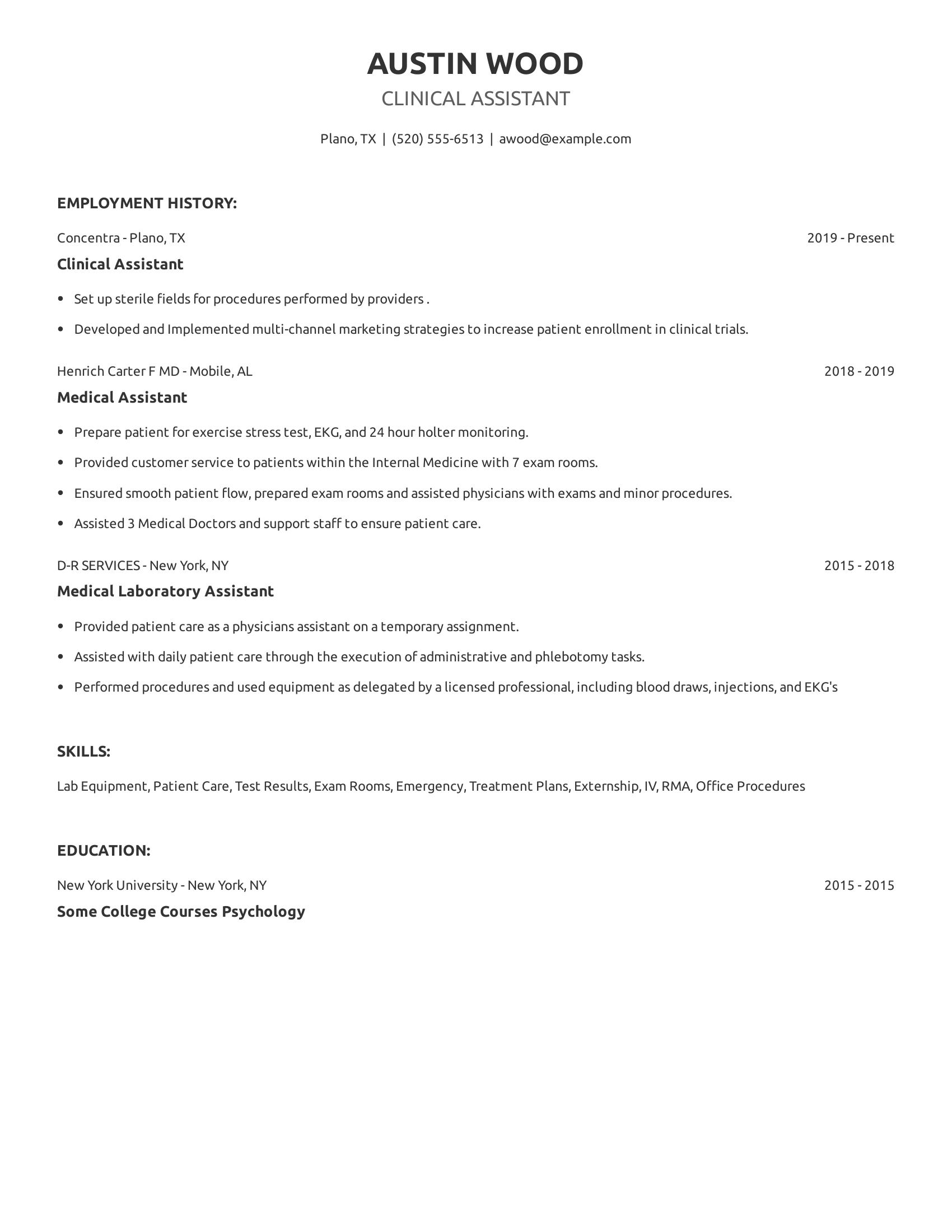 Clinical Assistant resume example