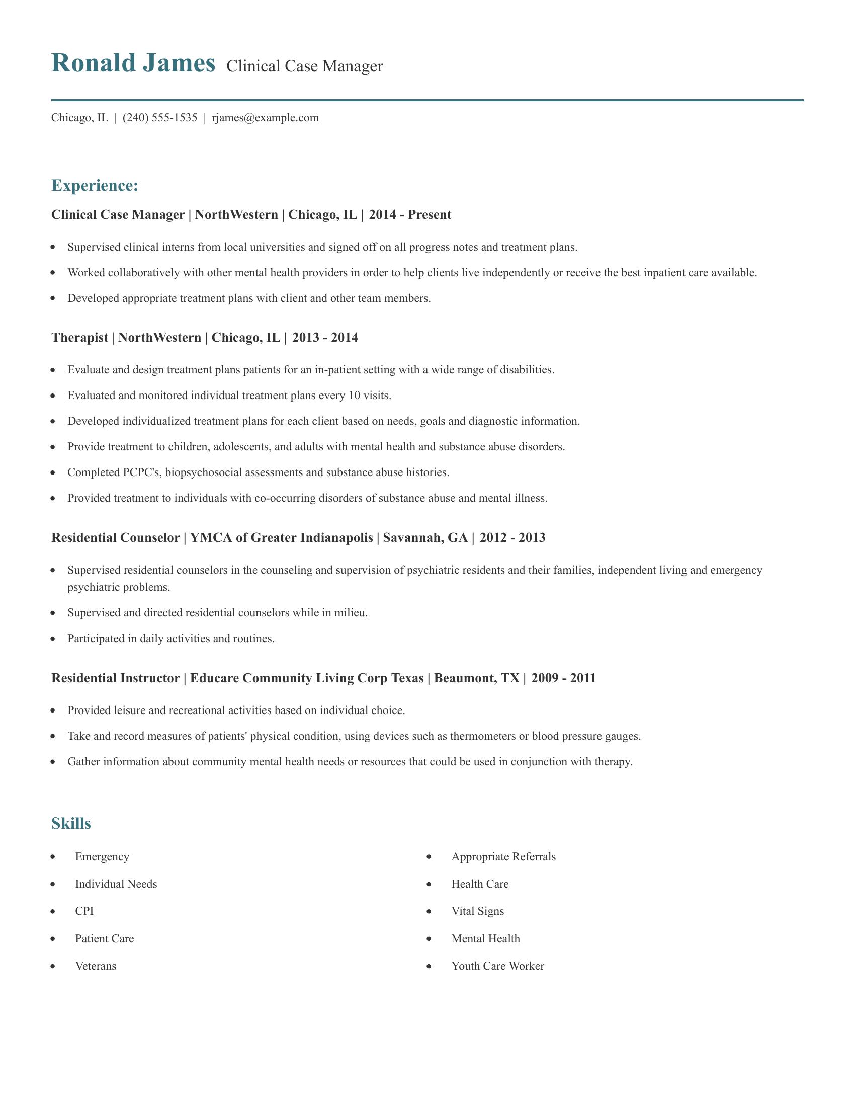 Clinical Case Manager resume example