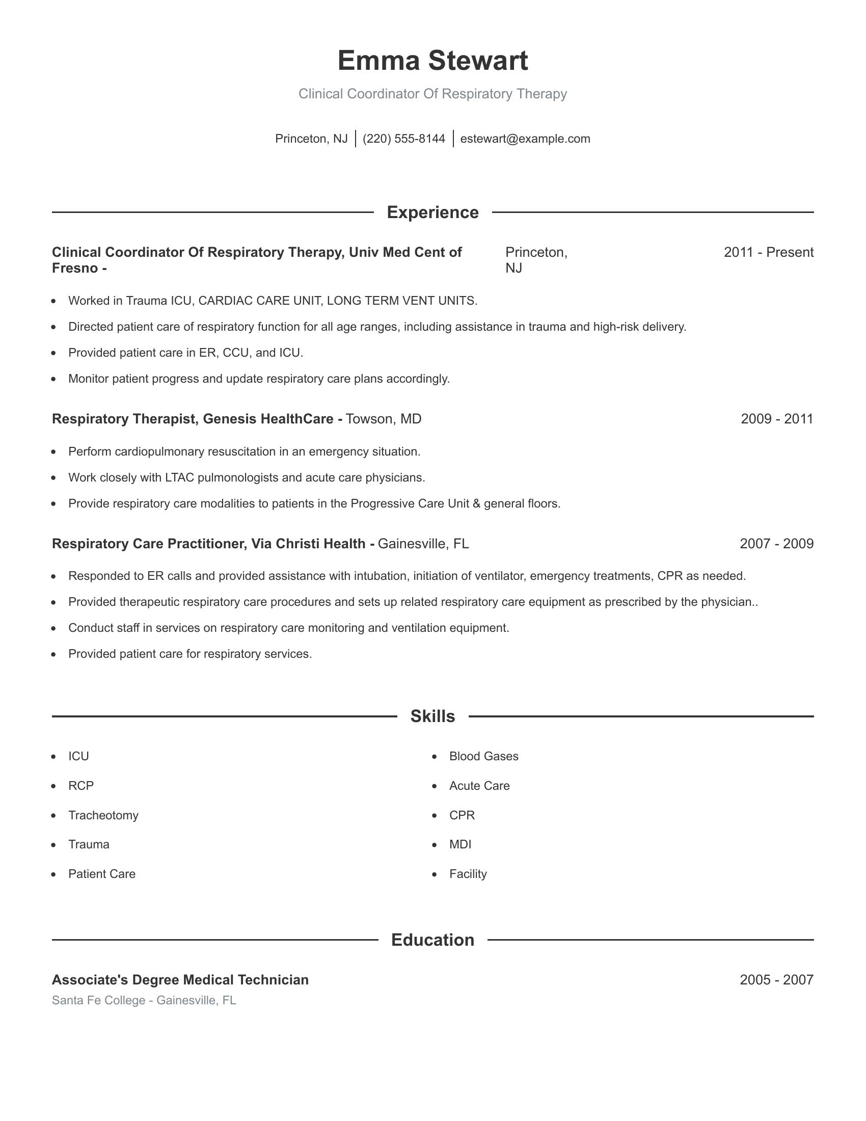 Clinical Coordinator Of Respiratory Therapy resume example