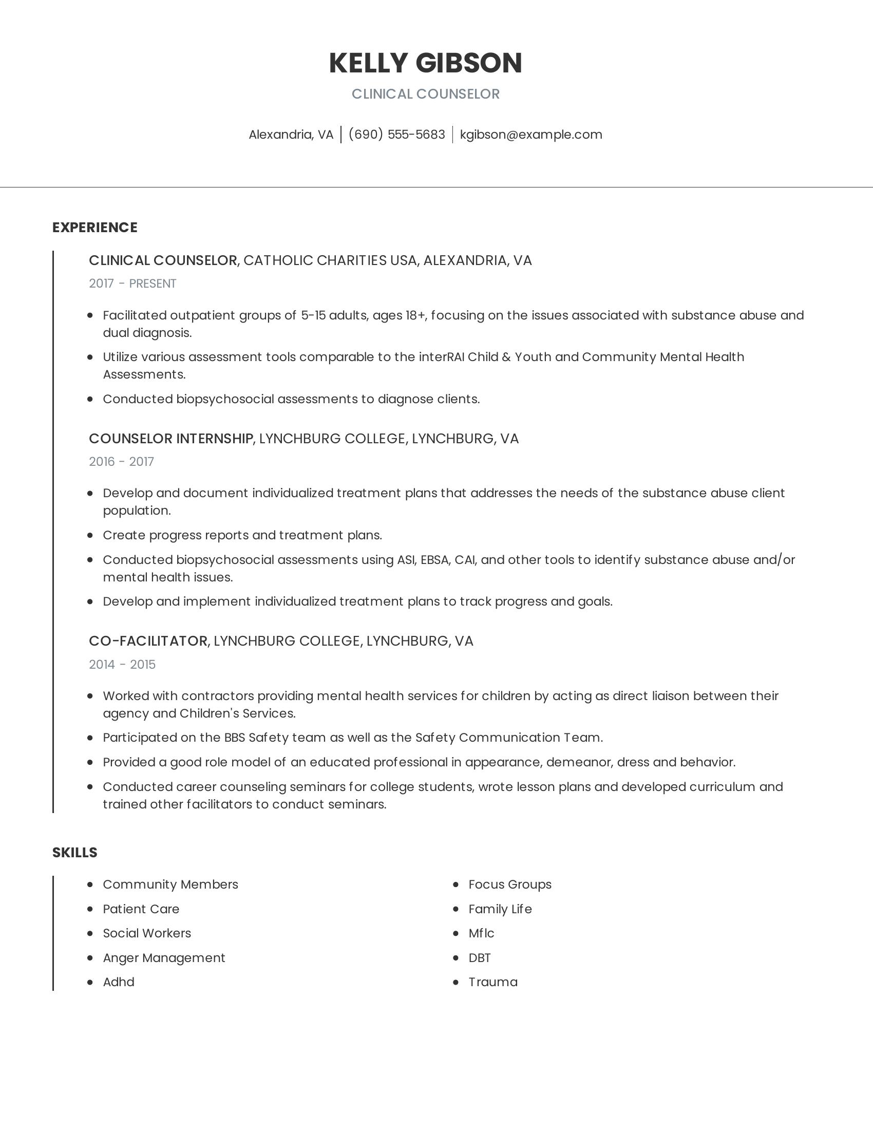 Clinical Counselor resume example