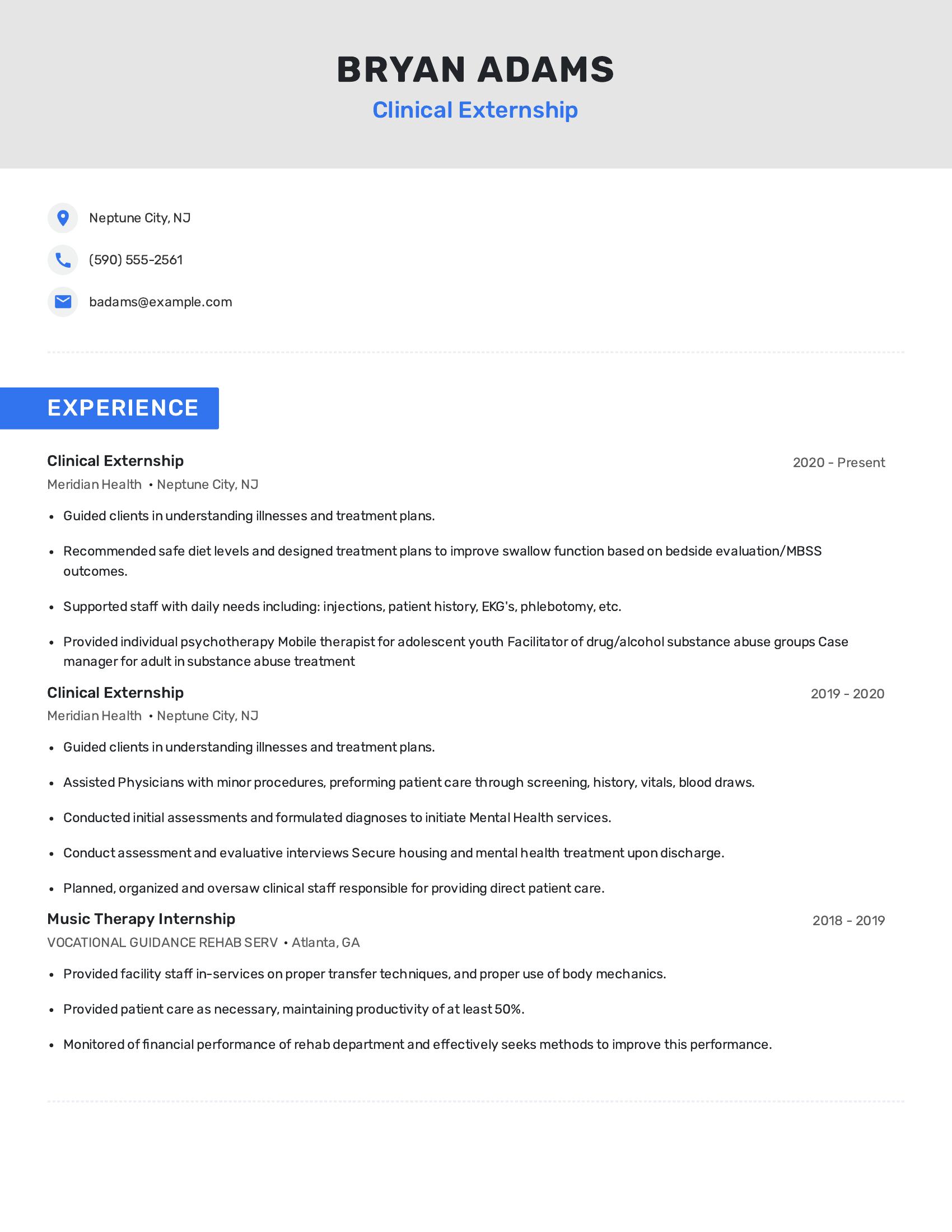Clinical Externship resume example