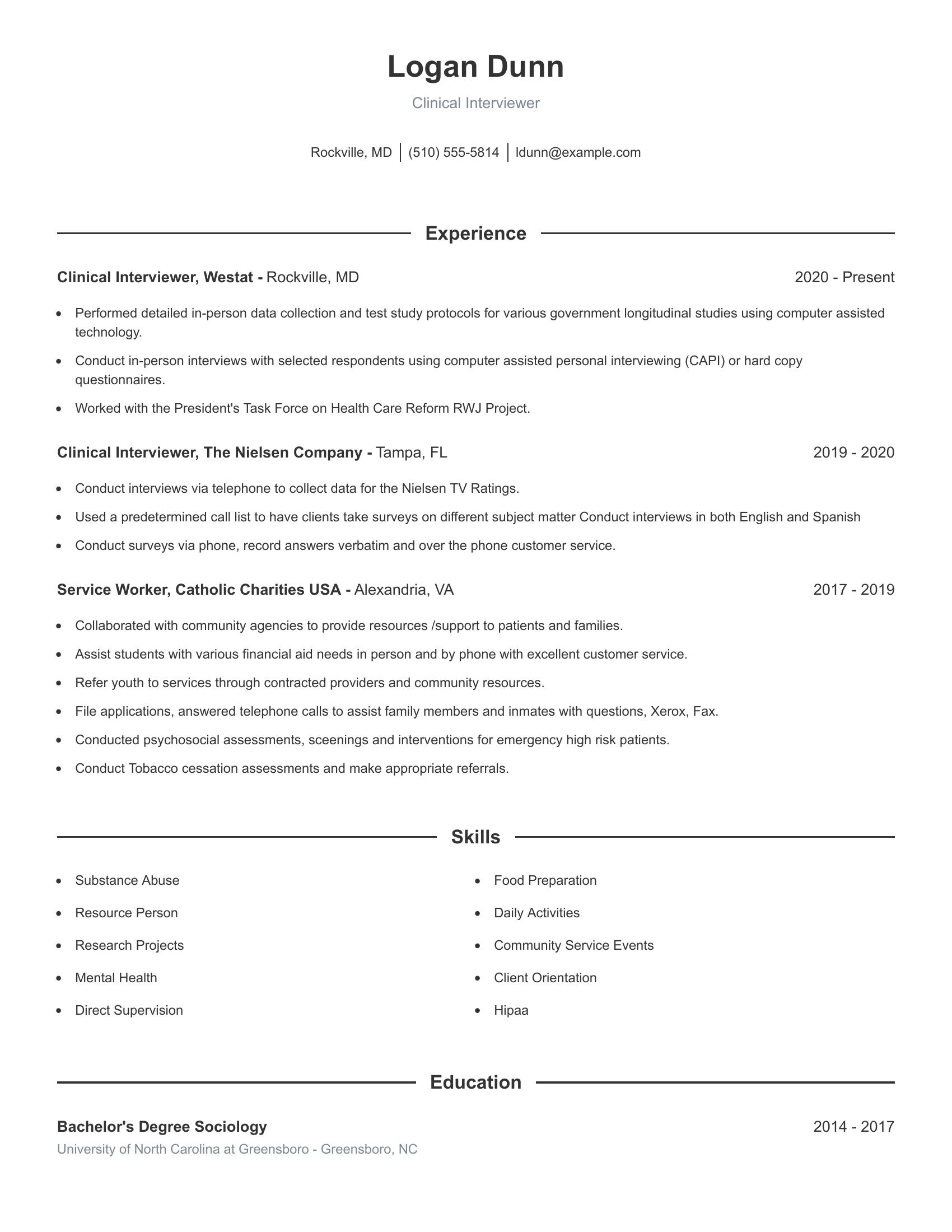 Clinical Interviewer resume example