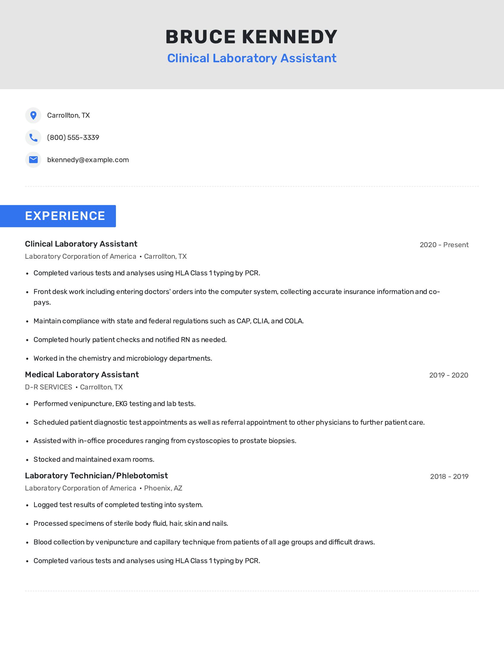 Clinical Laboratory Assistant resume example