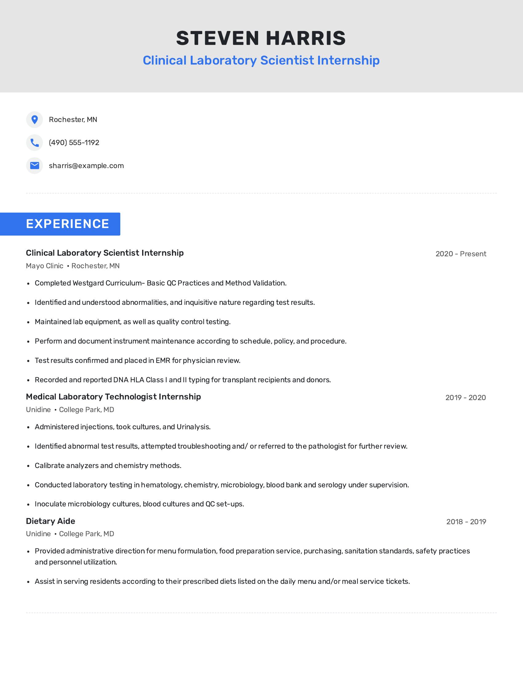 Clinical Laboratory Scientist Internship resume example