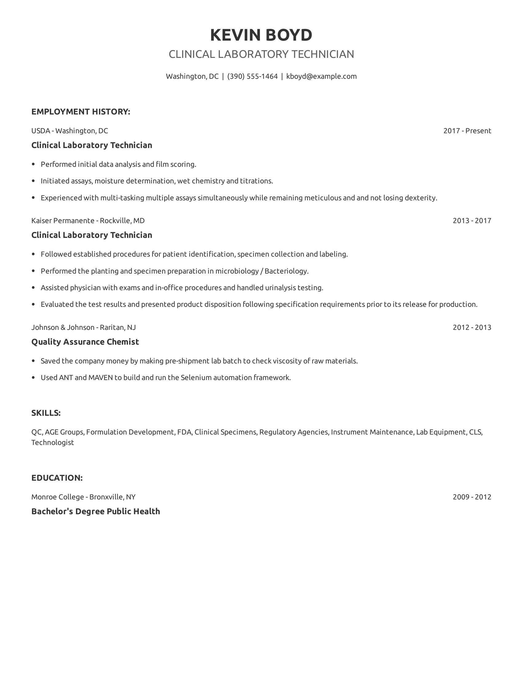 Clinical Laboratory Technician resume example