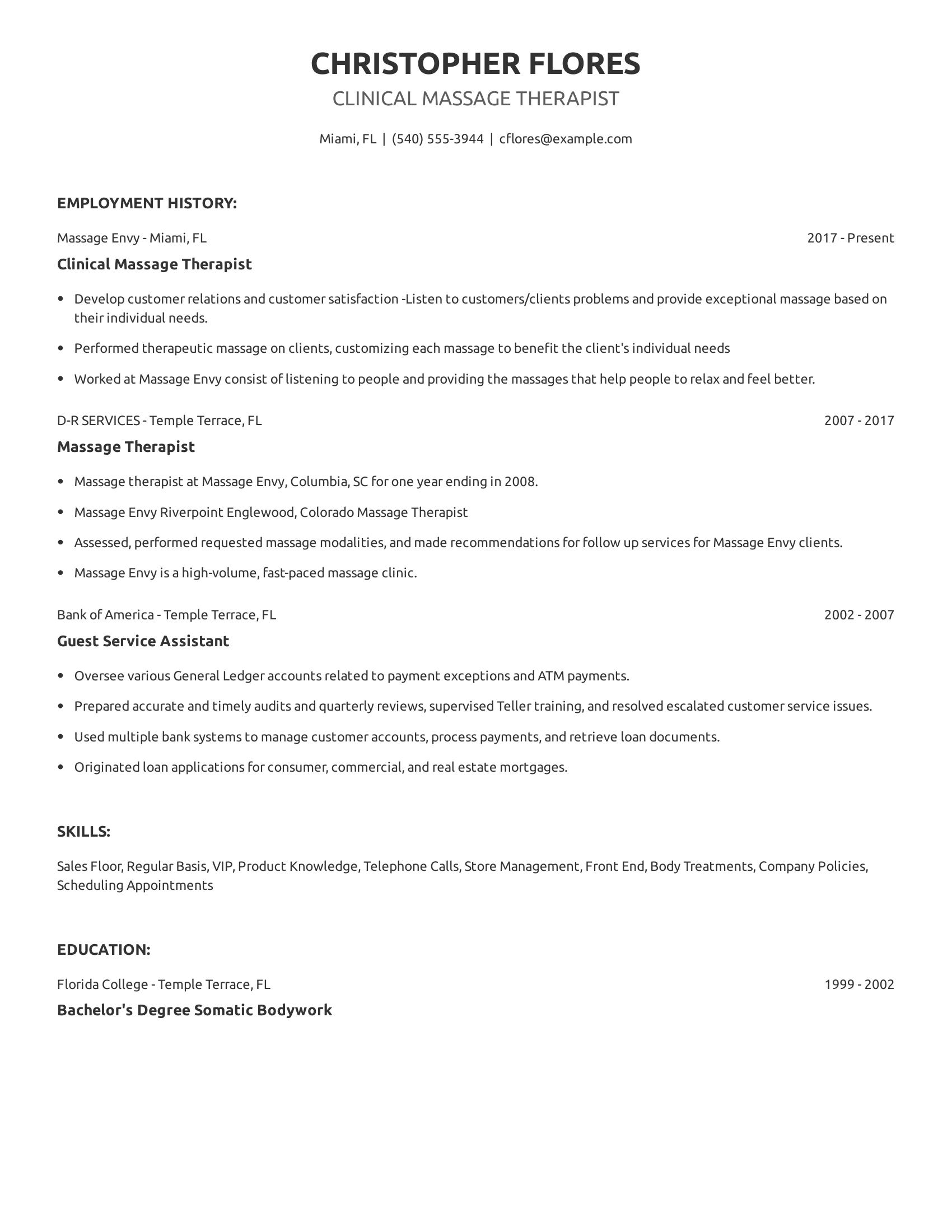 Clinical Massage Therapist resume example