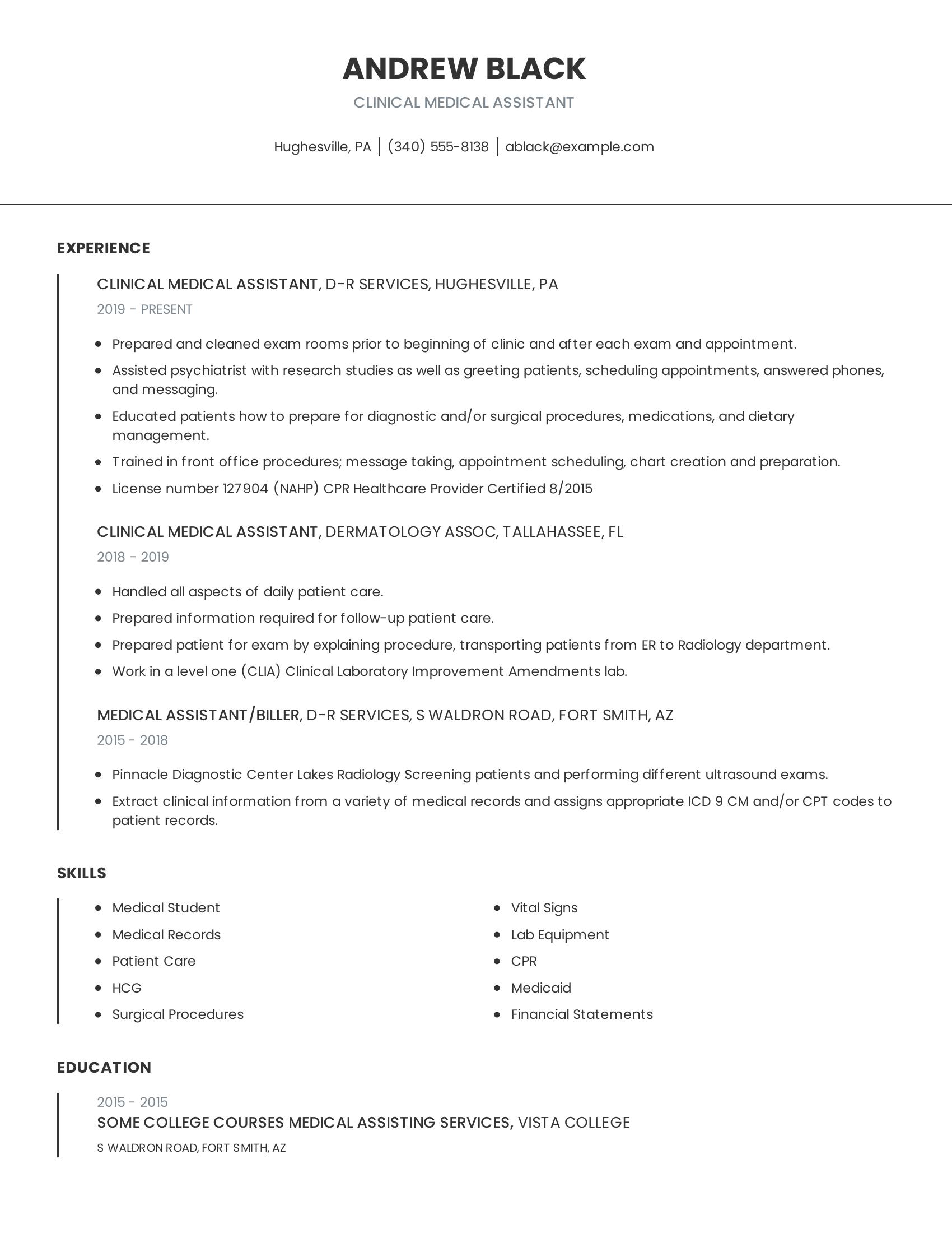 Clinical Medical Assistant resume example