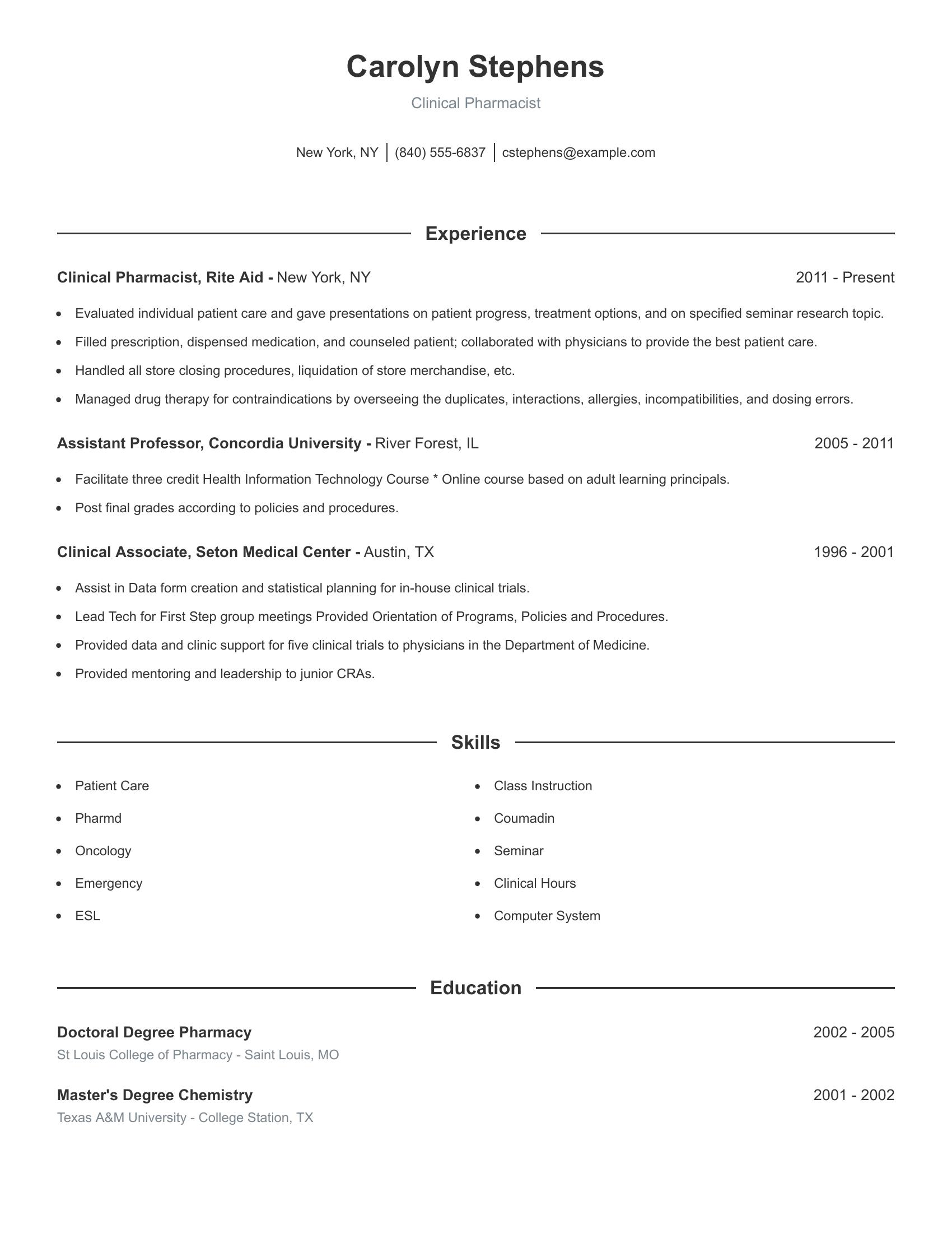 Clinical Pharmacist resume example