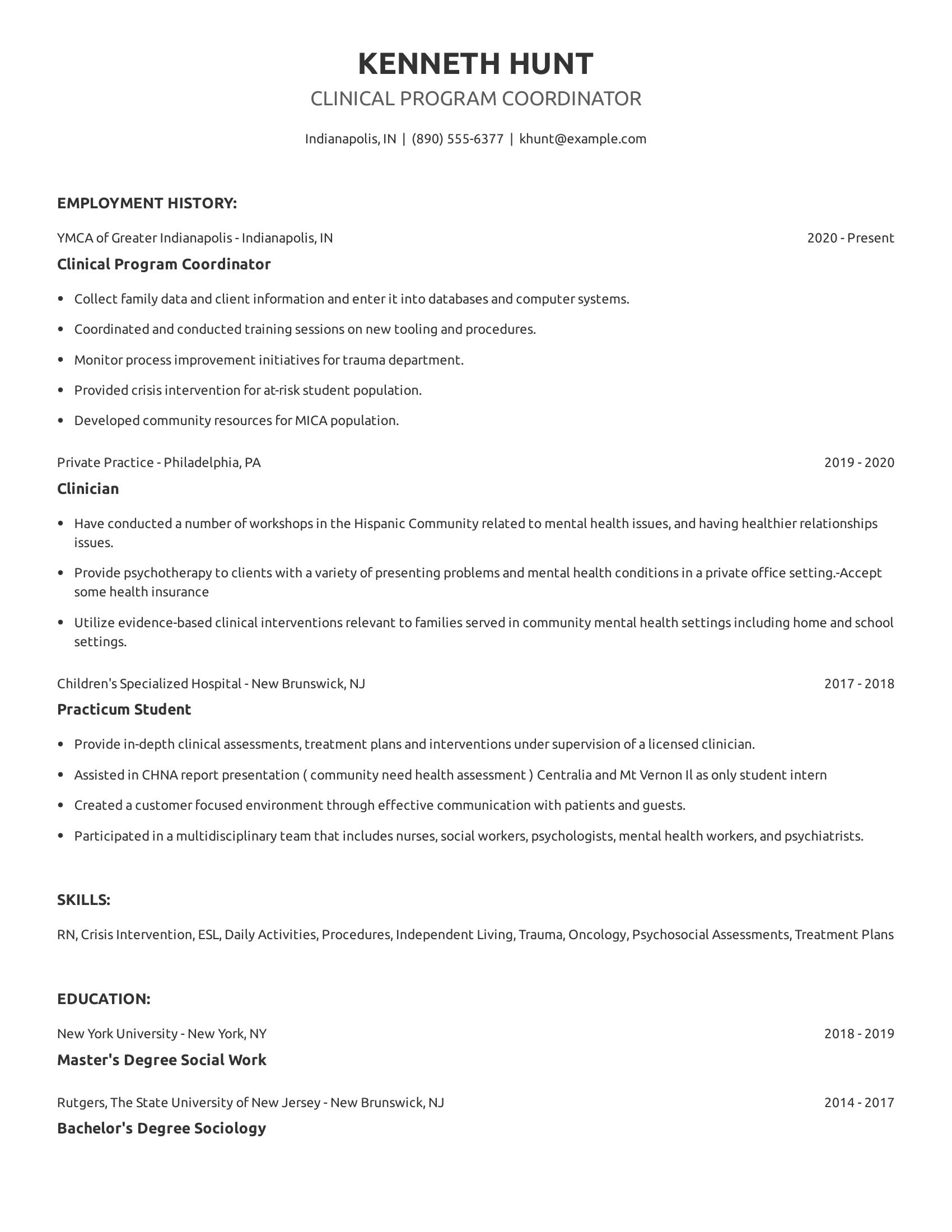 Clinical Program Coordinator resume example