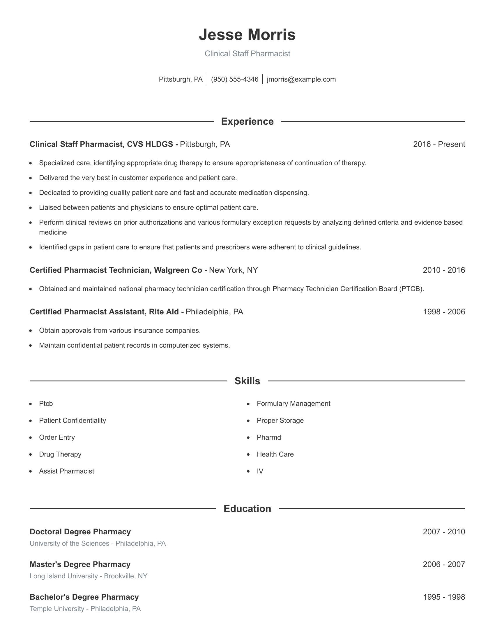 Clinical Staff Pharmacist resume example