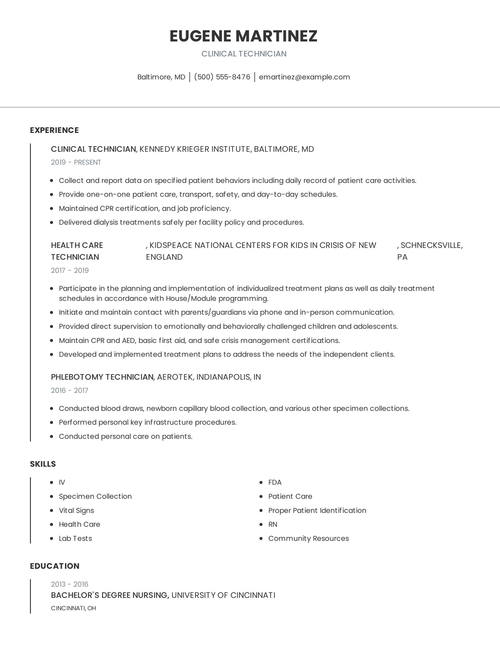 Clinical Technician resume example