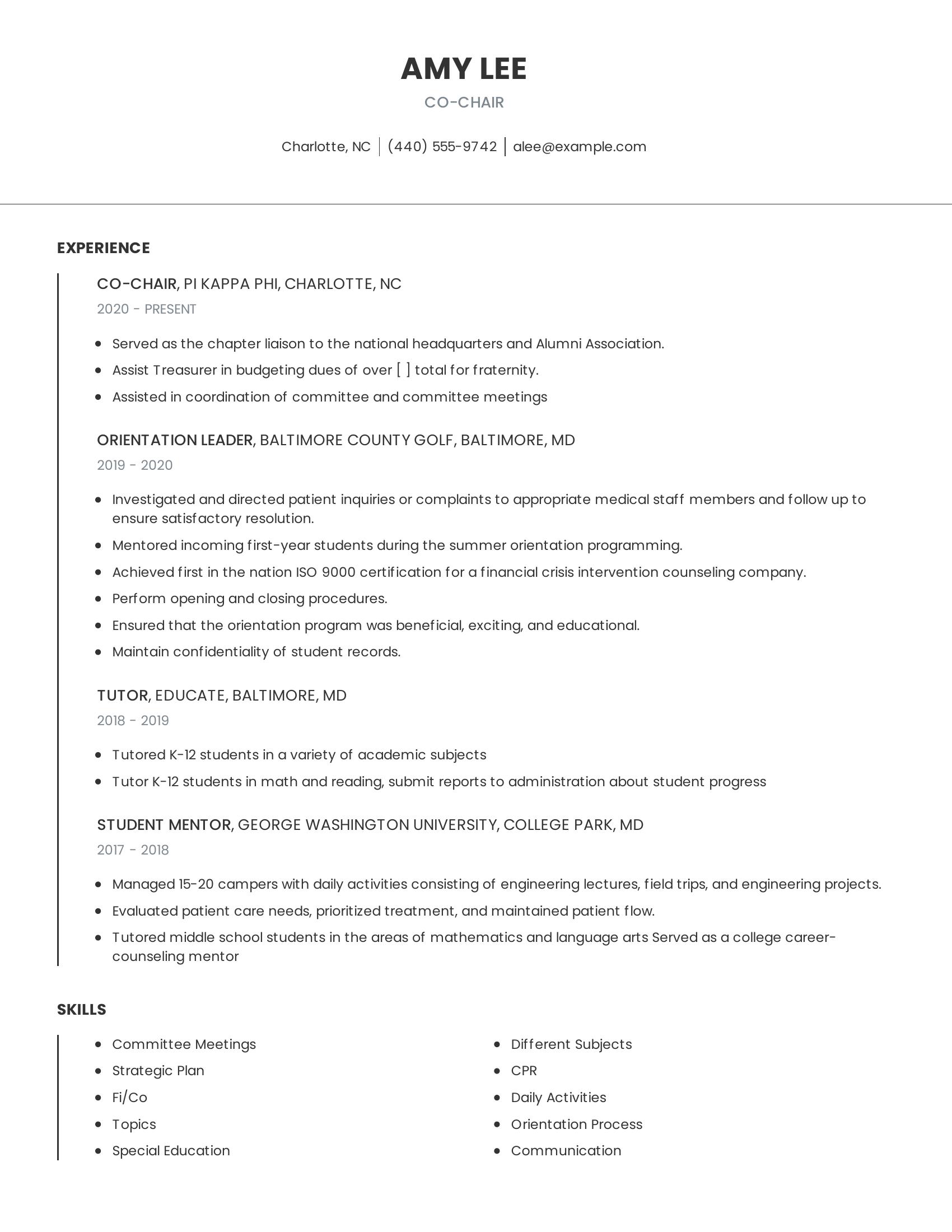 Co-Chair resume example