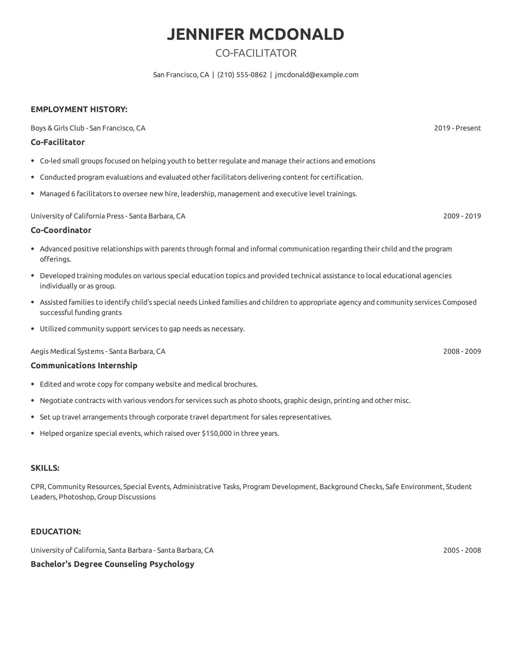 Co-Facilitator resume example