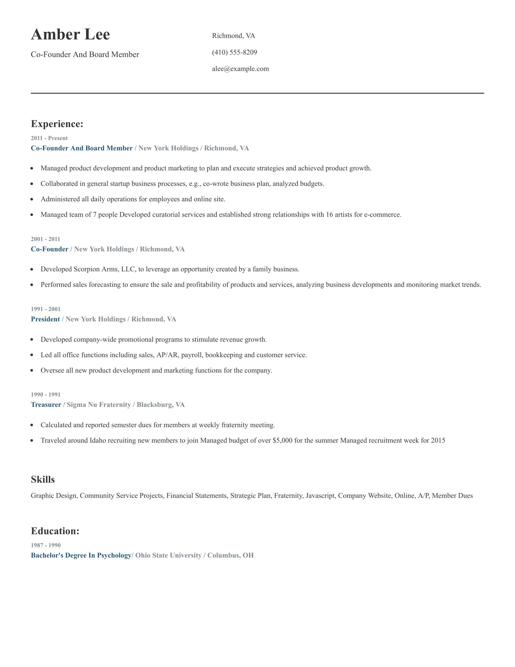 Co-Founder And Board Member resume example