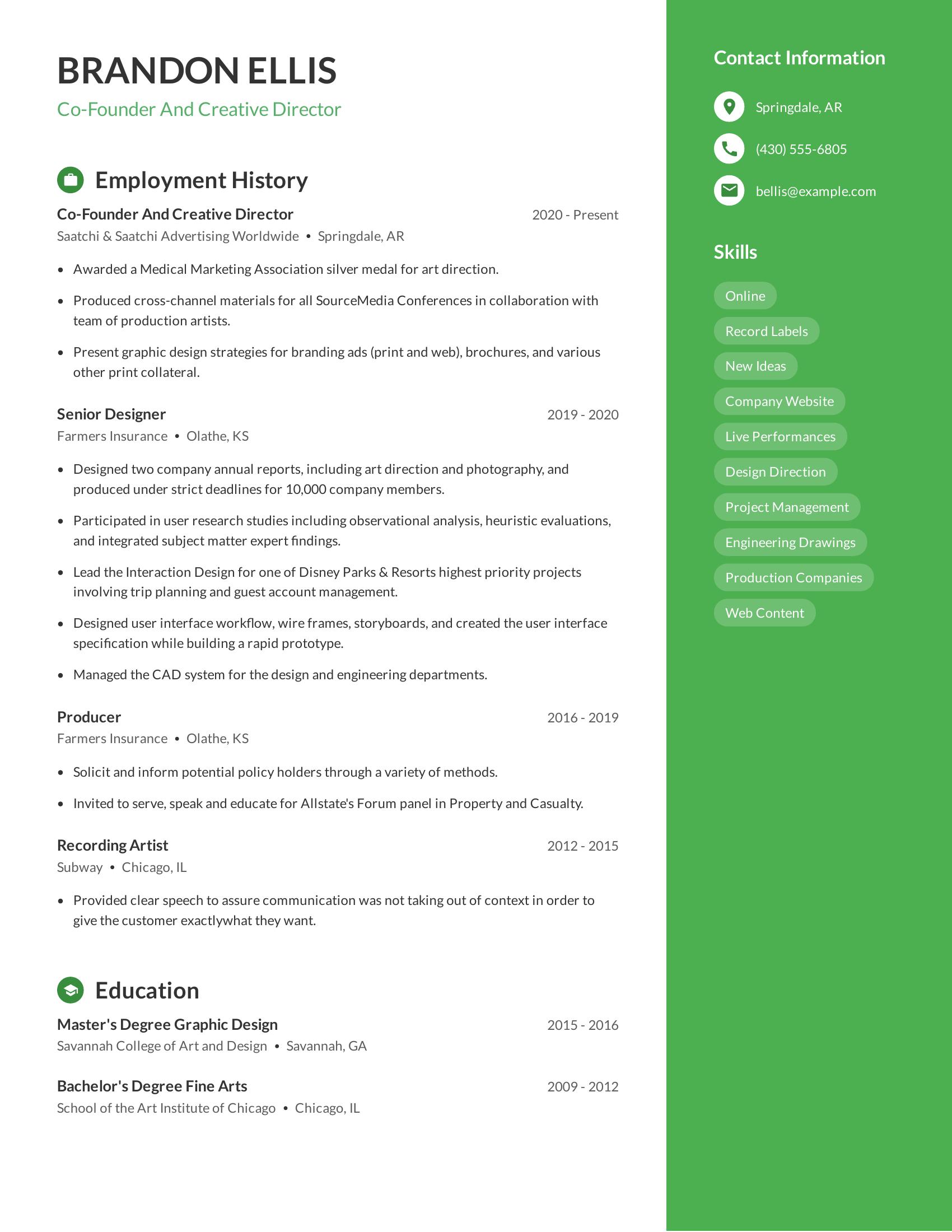 Co-Founder And Creative Director resume example