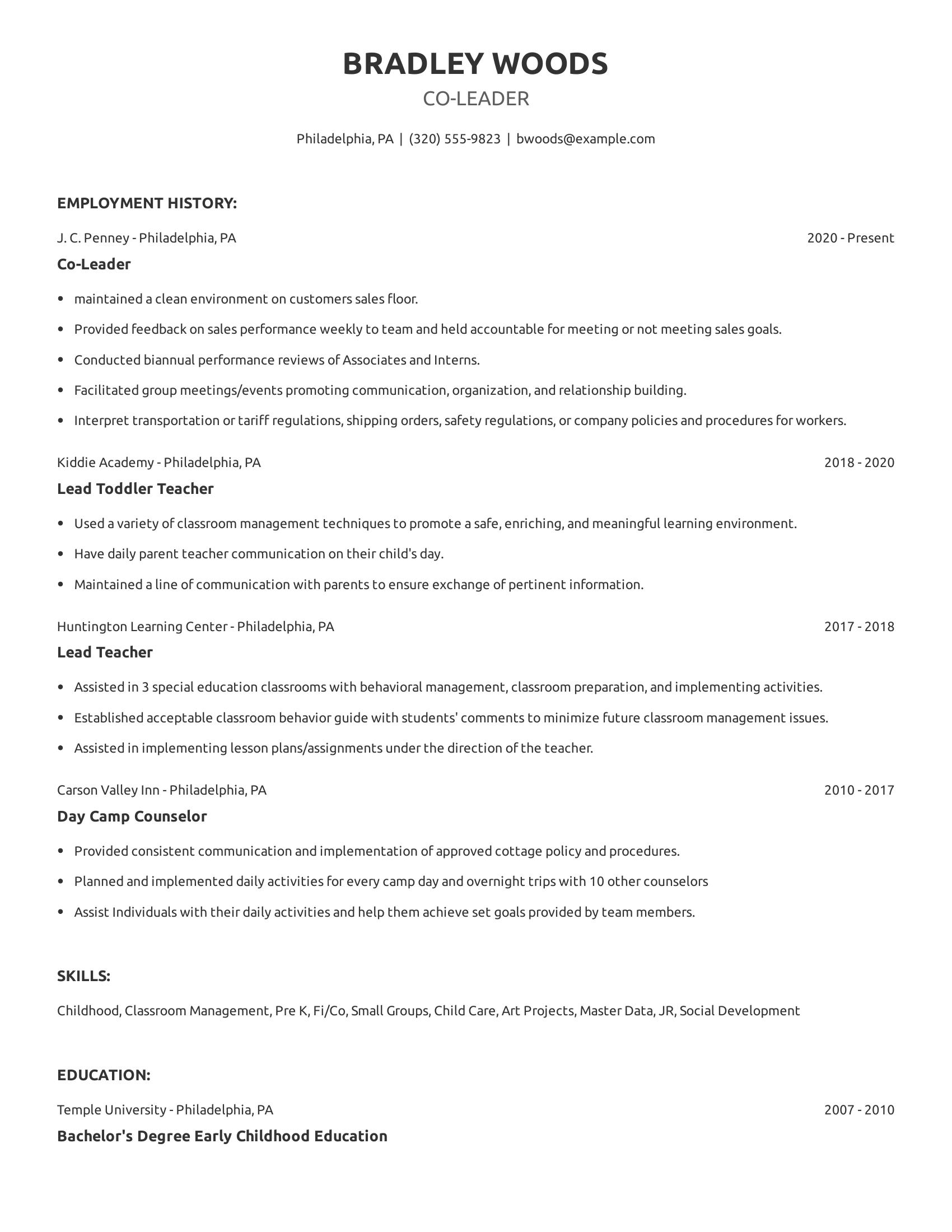 Co-Leader resume example