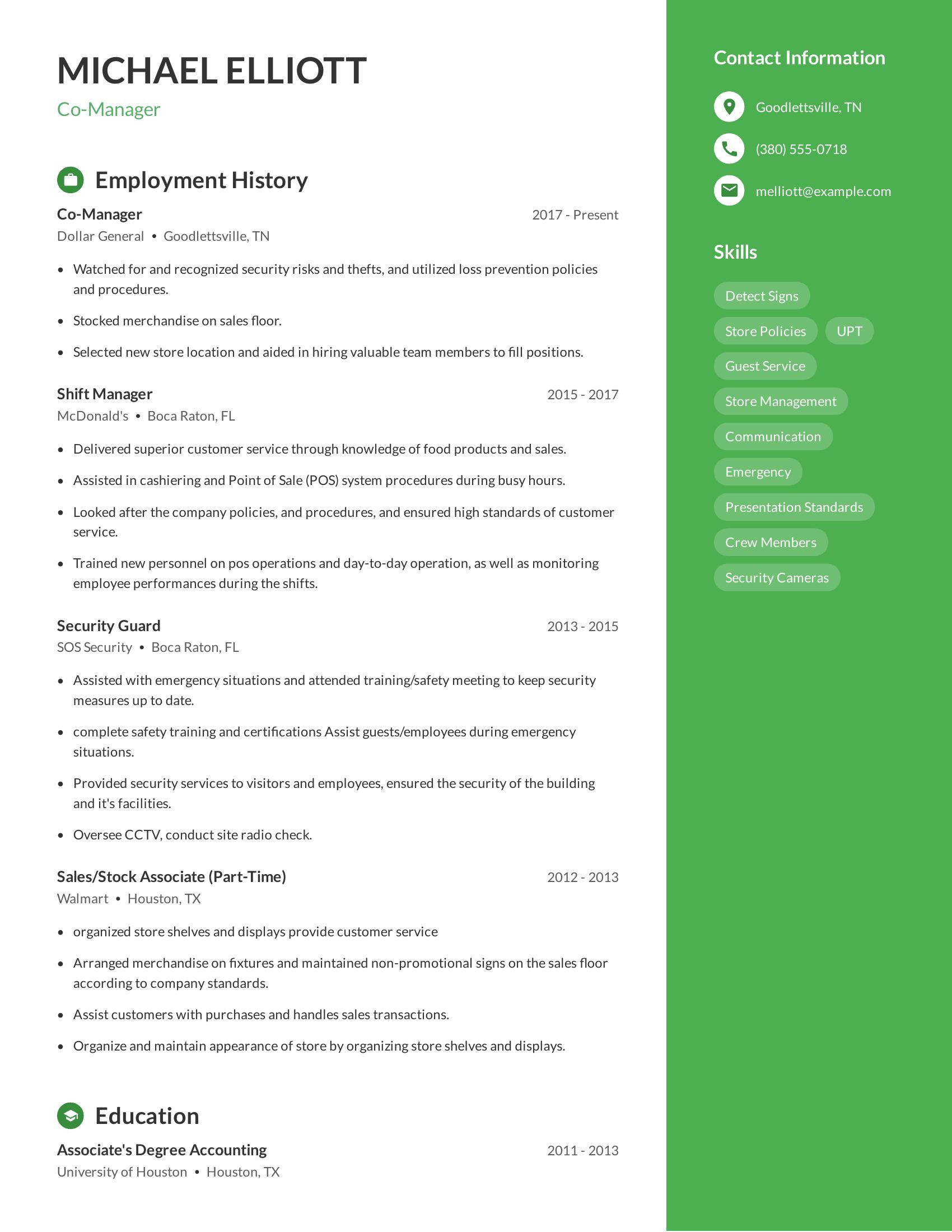 Co-Manager resume example