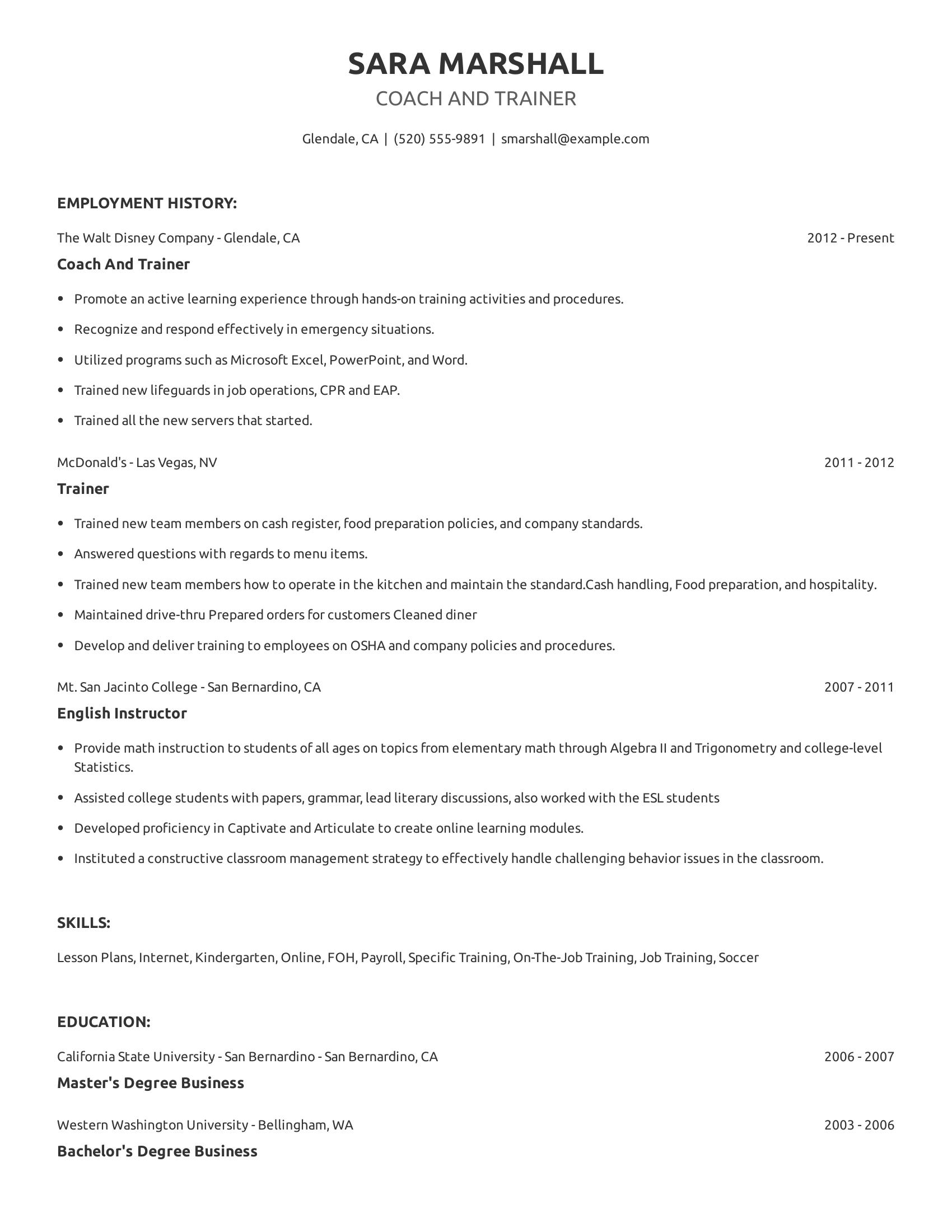 Coach And Trainer resume example