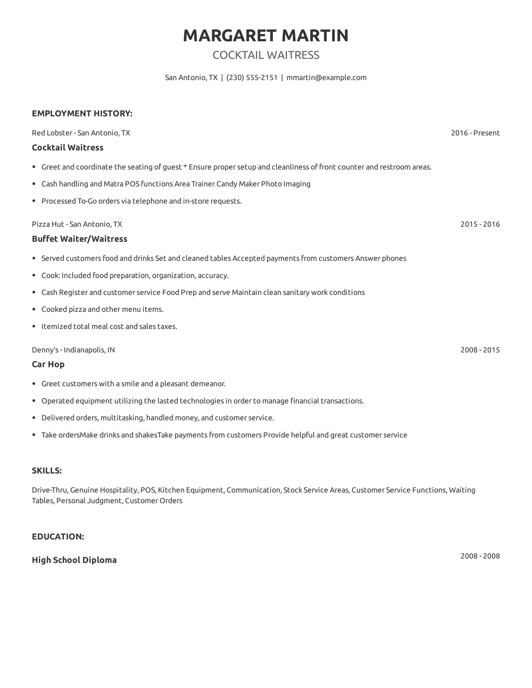 Cocktail Waitress resume example