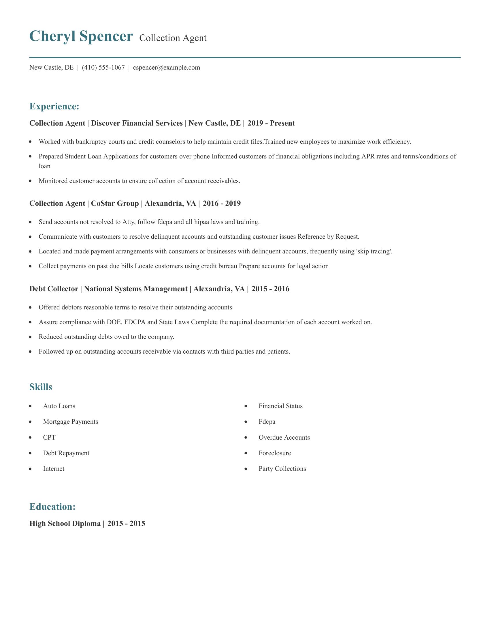 Collection Agent resume example