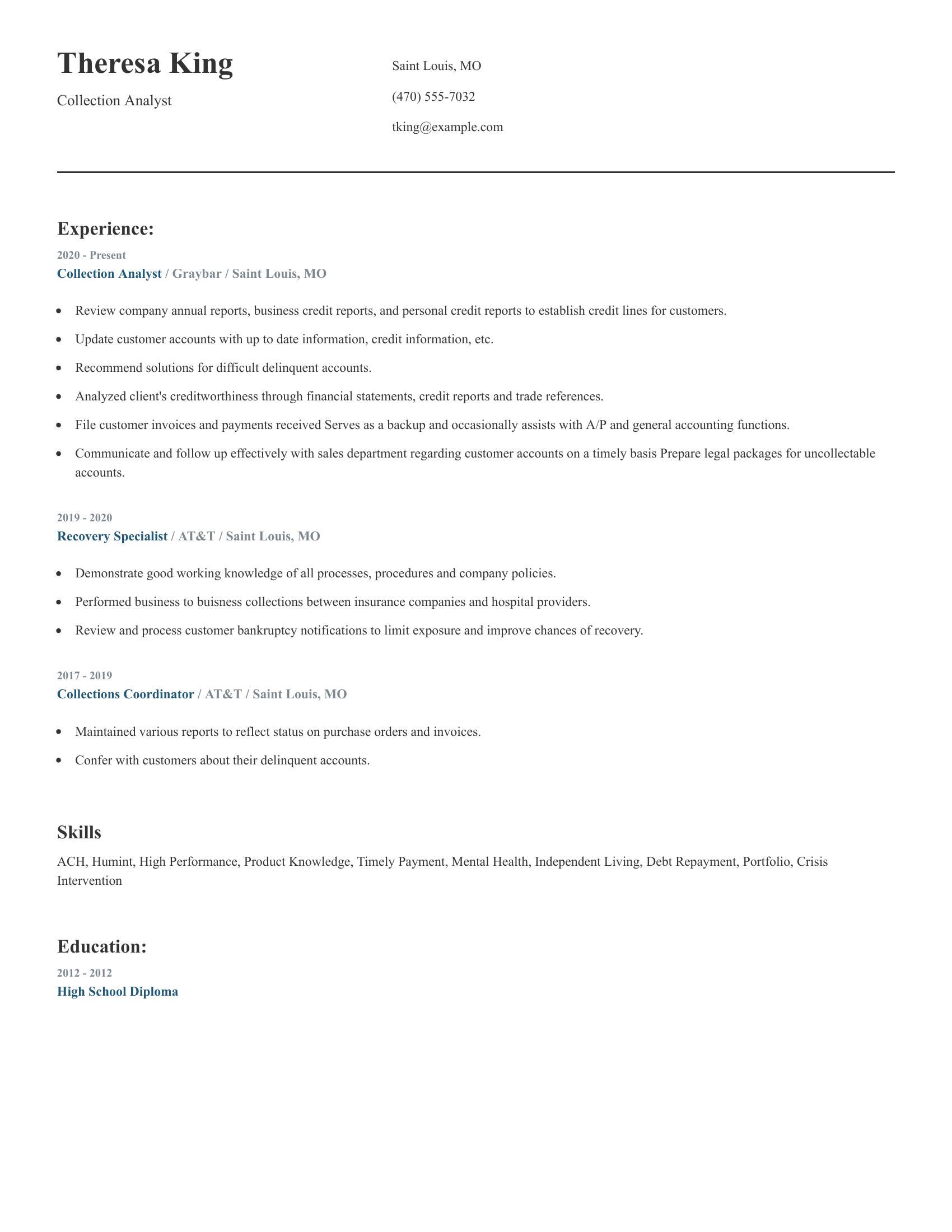 Collection Analyst resume example