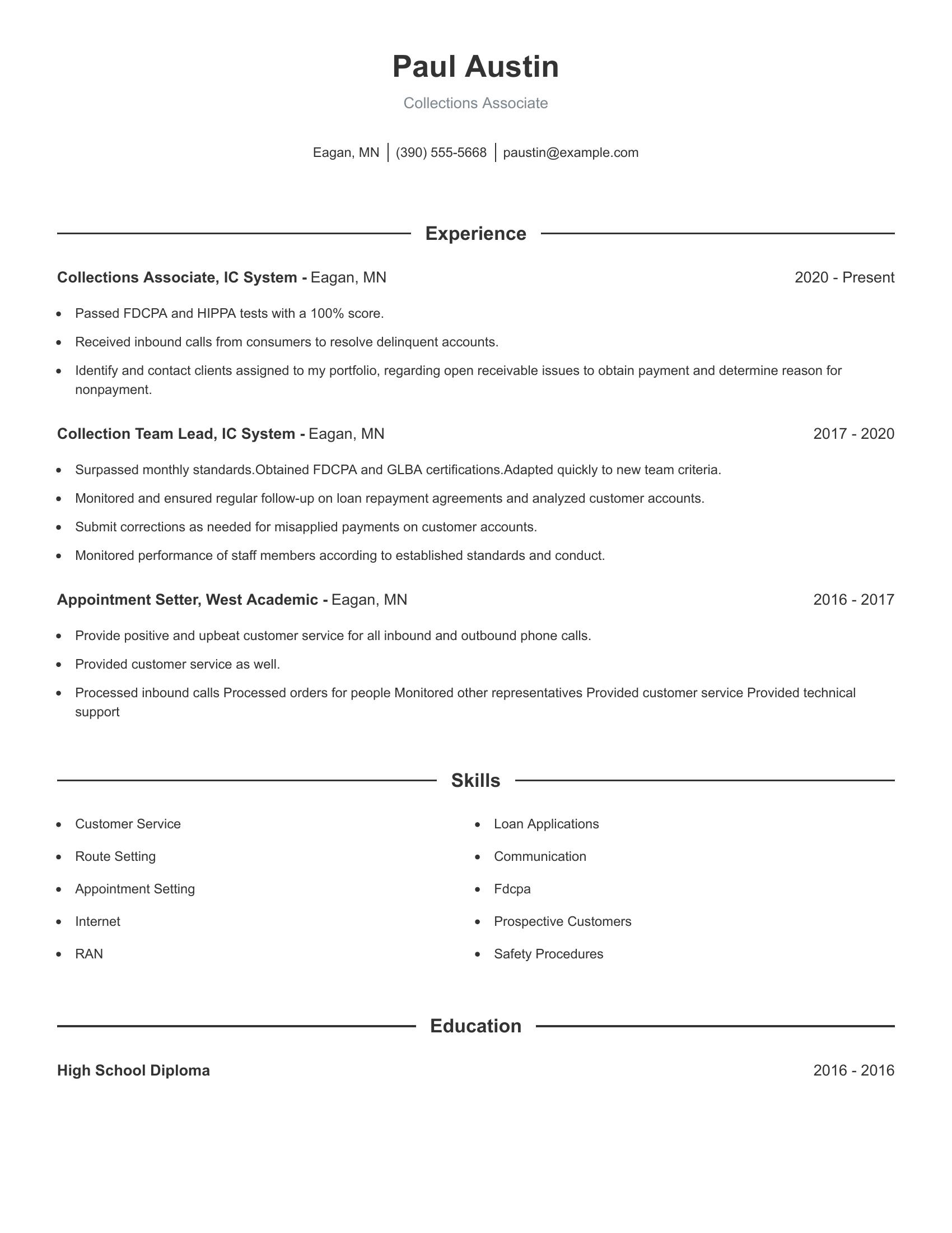 Collections Associate resume example