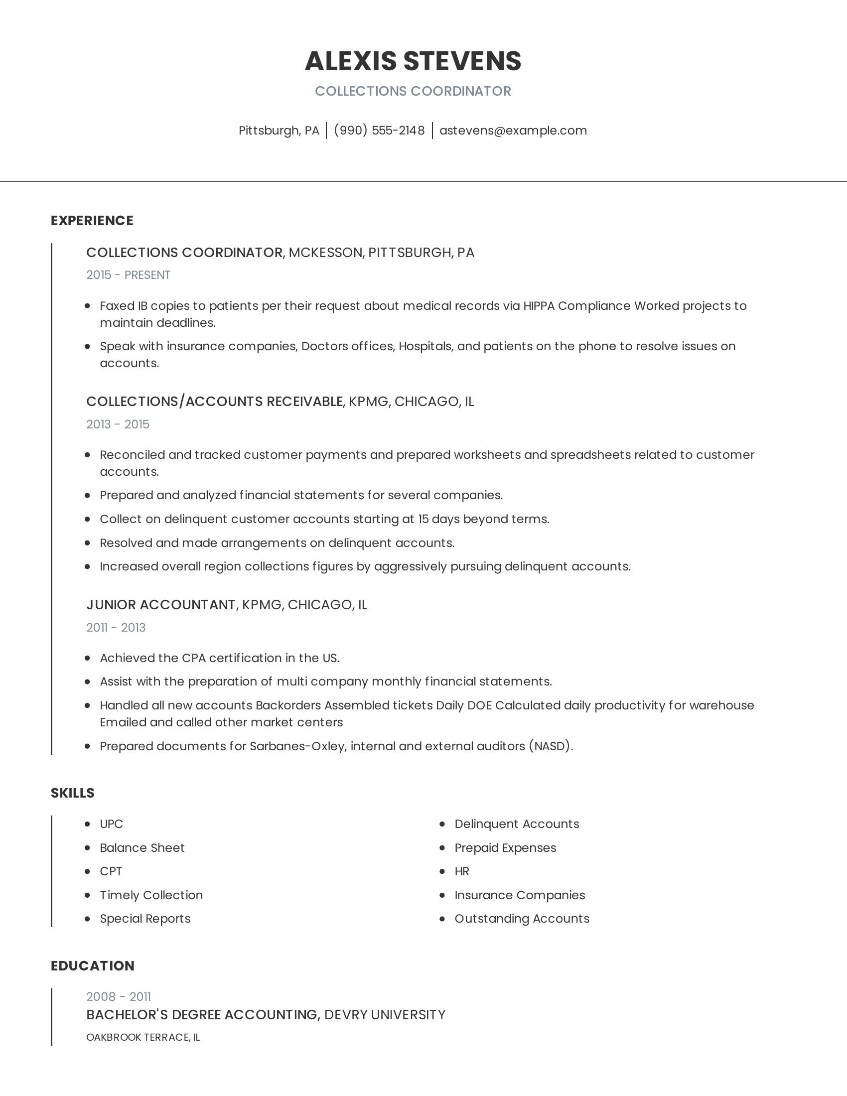 Collections Coordinator resume example