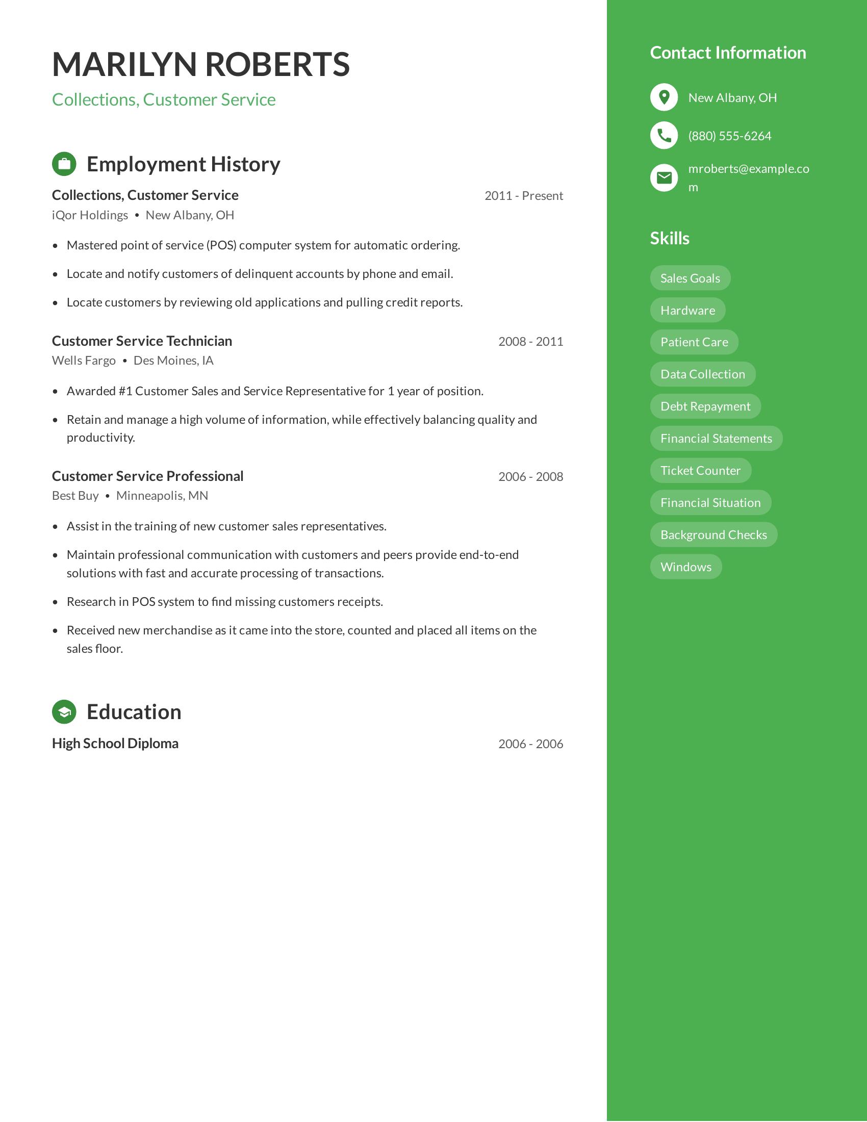 Collections, Customer Service resume example