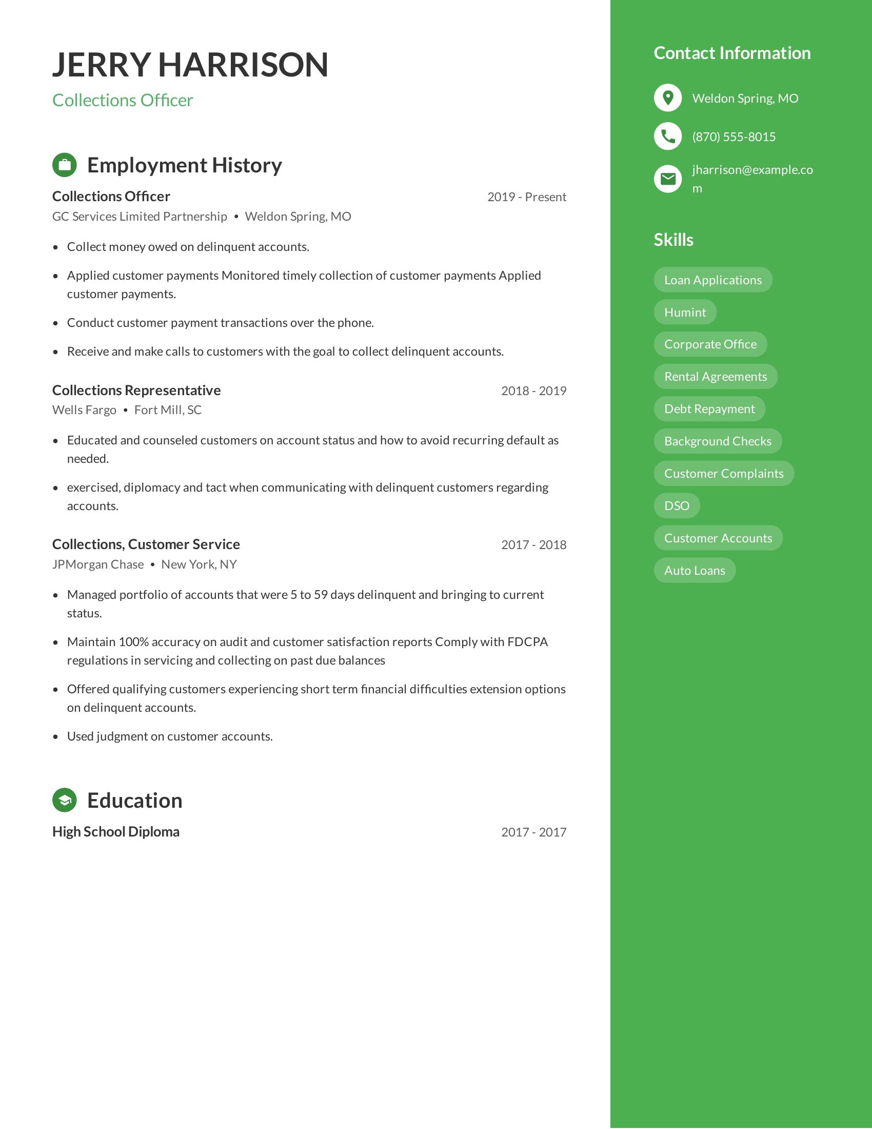 Collections Officer resume example