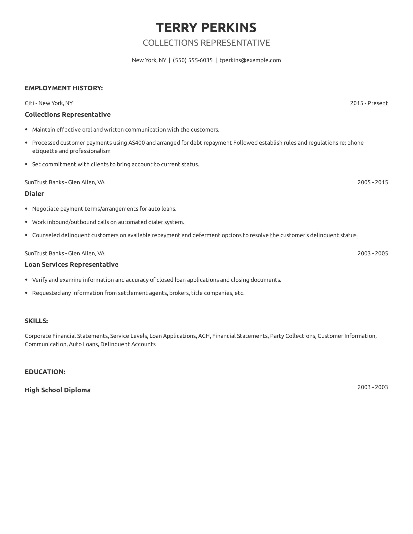 Collections Representative resume example