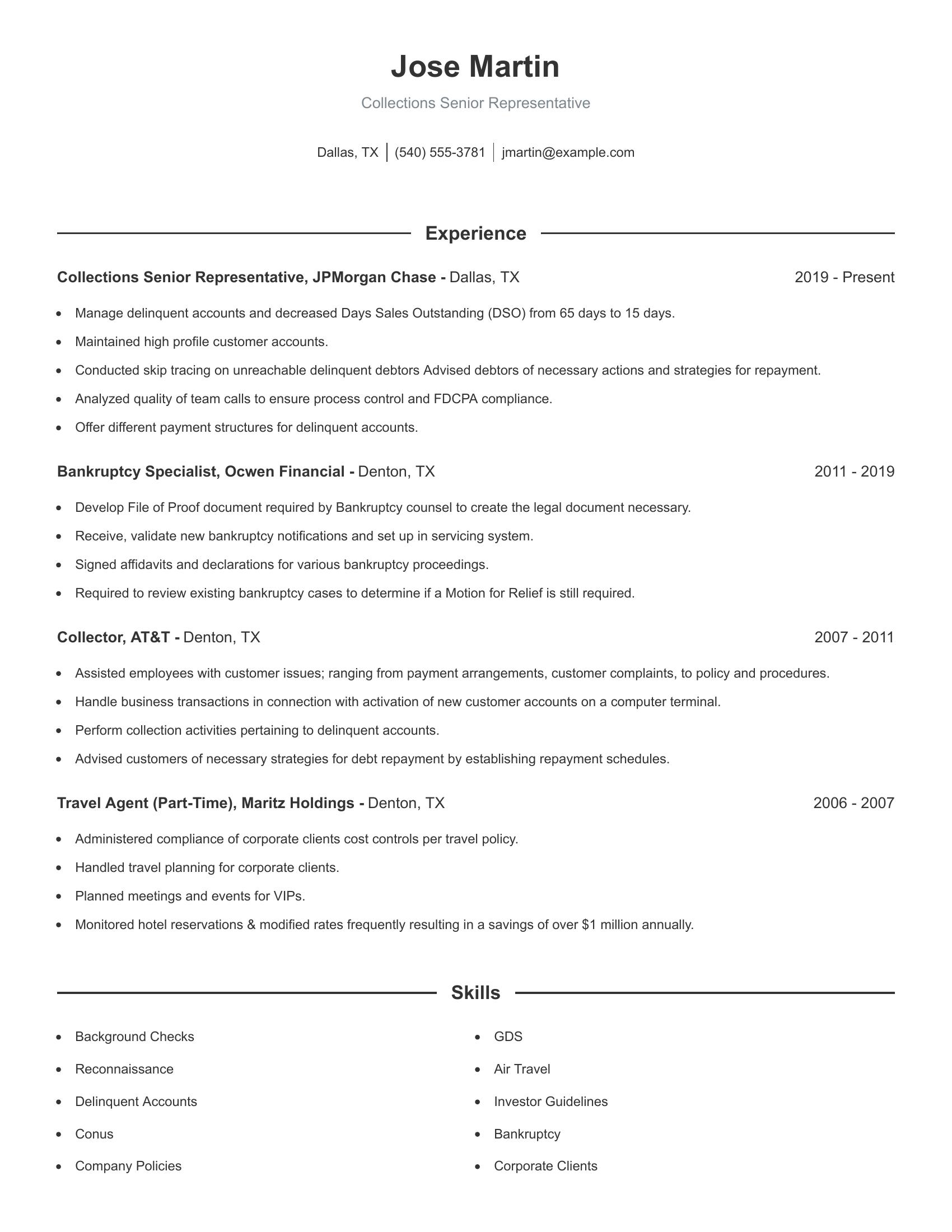 Collections Senior Representative resume example