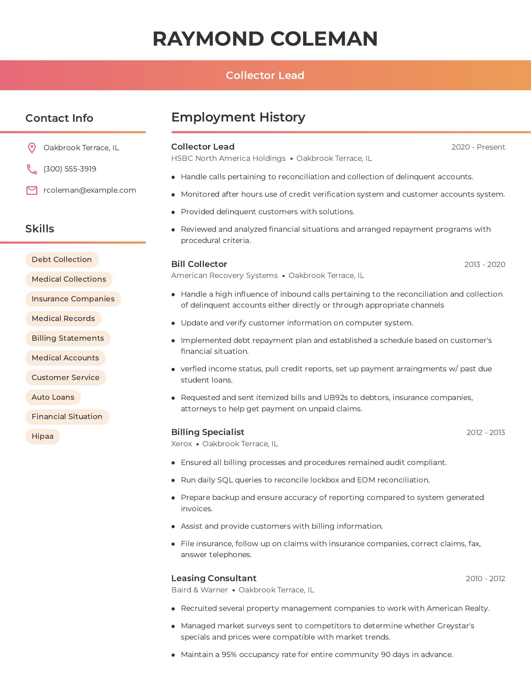 Collector Lead resume example