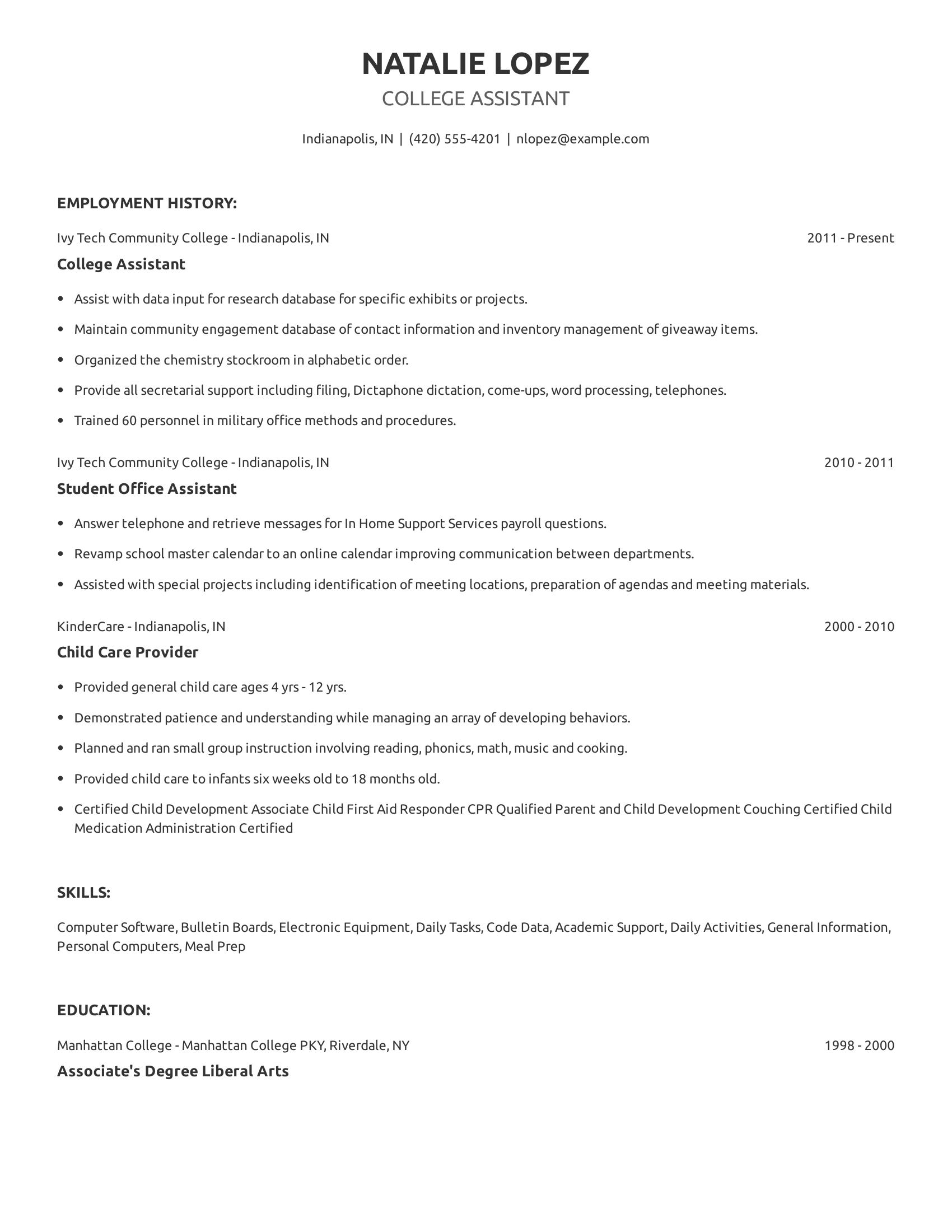 College Assistant resume example