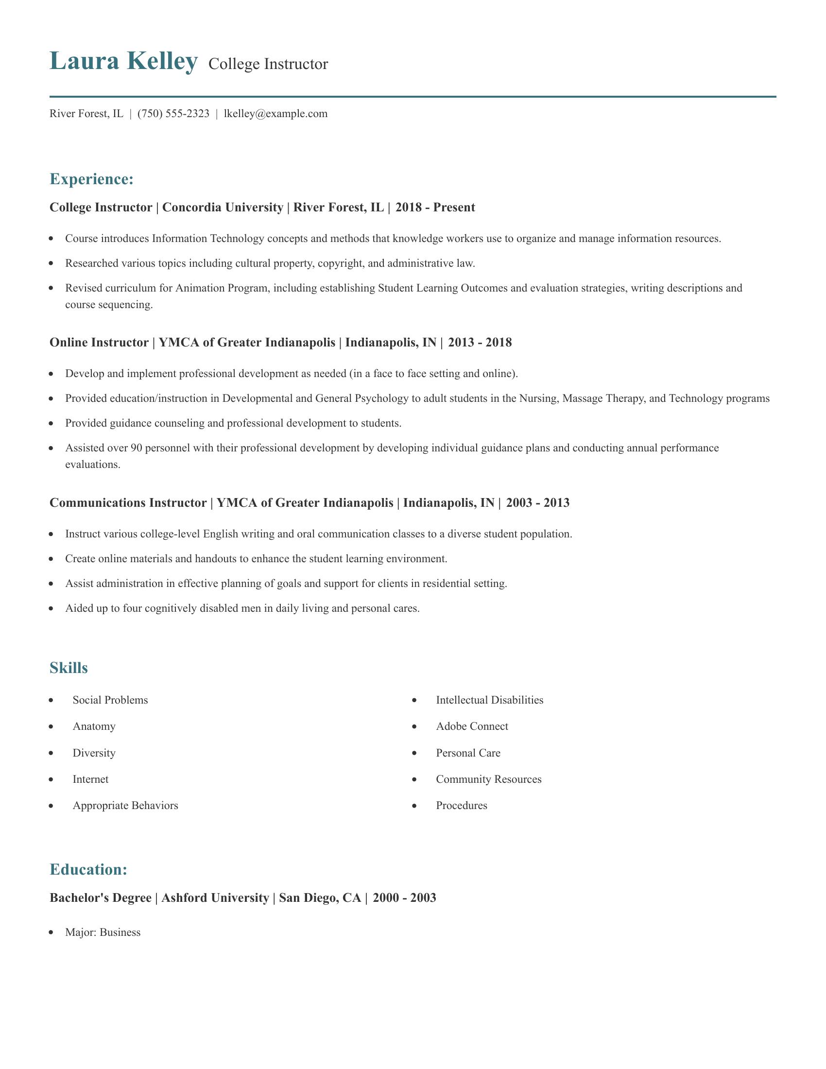 College Instructor resume example