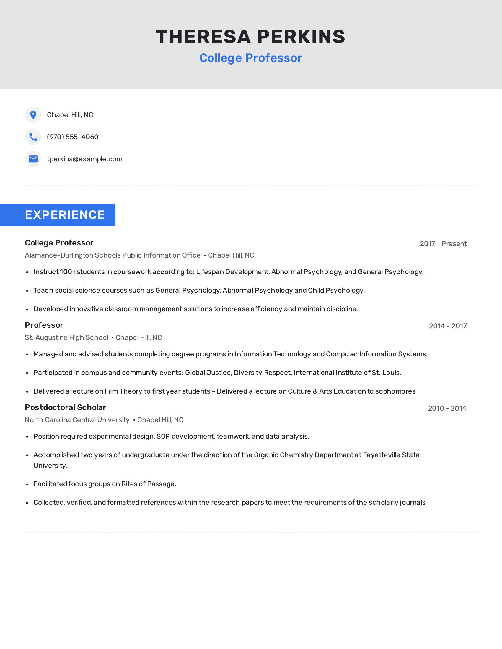 College Professor resume example