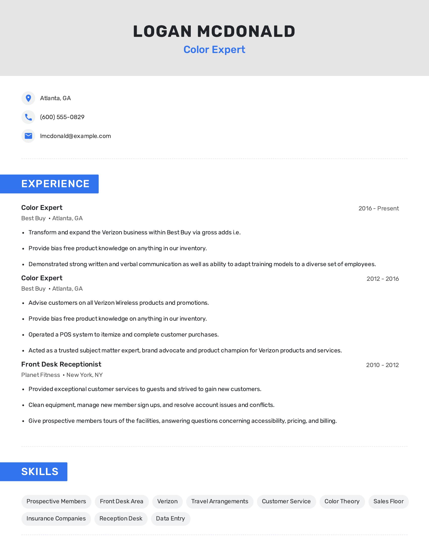 Color Expert resume example
