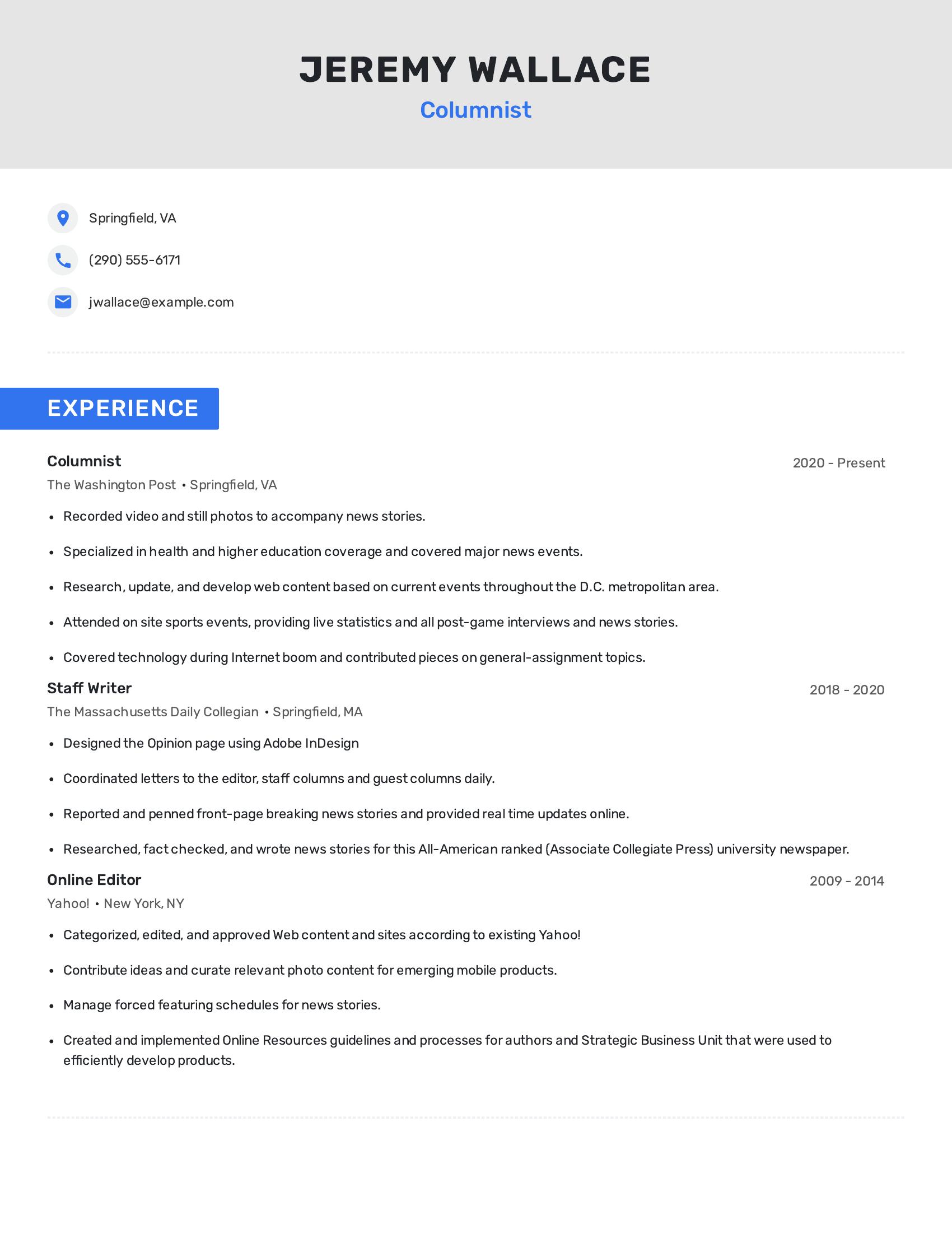 Columnist resume example