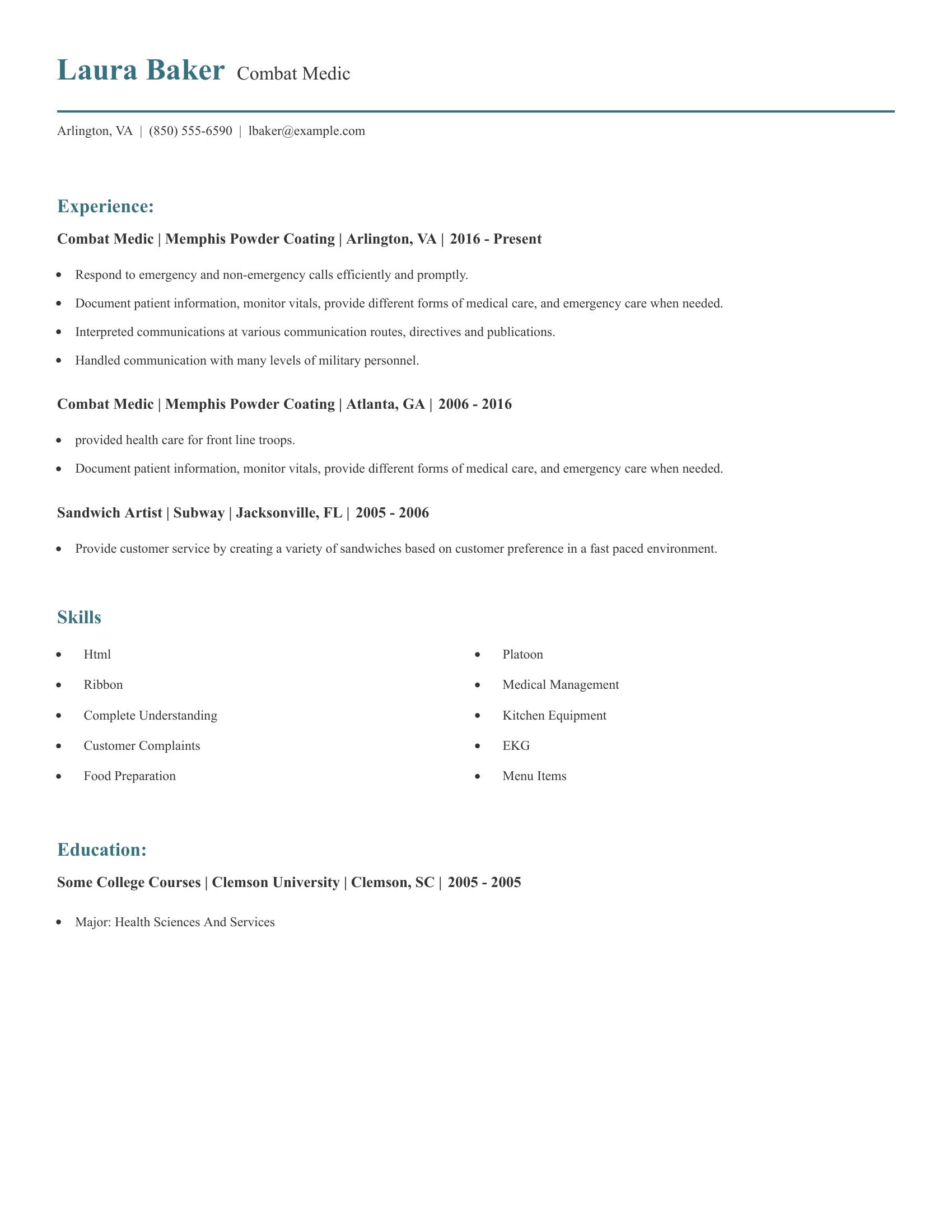 Combat Medic resume example