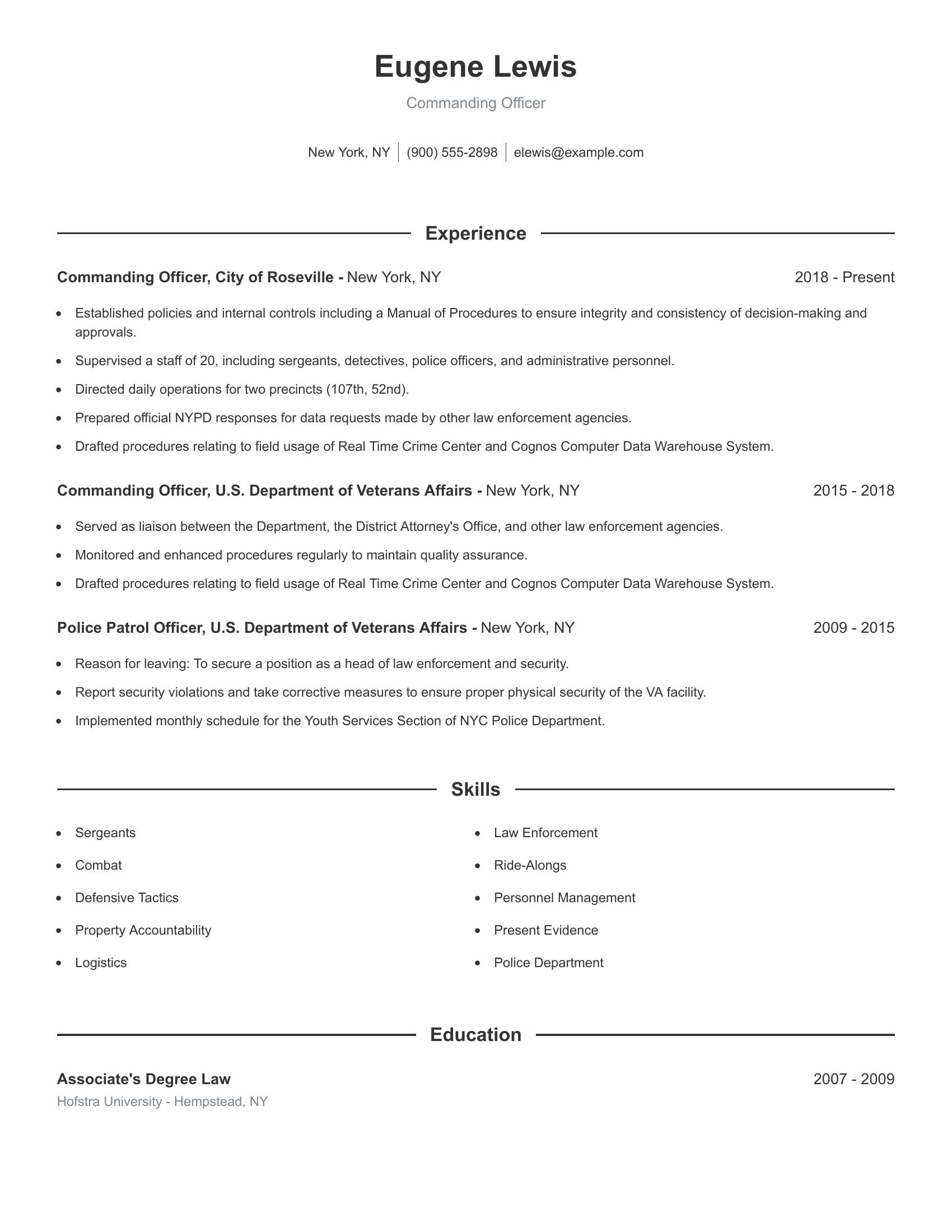 Commanding Officer resume example