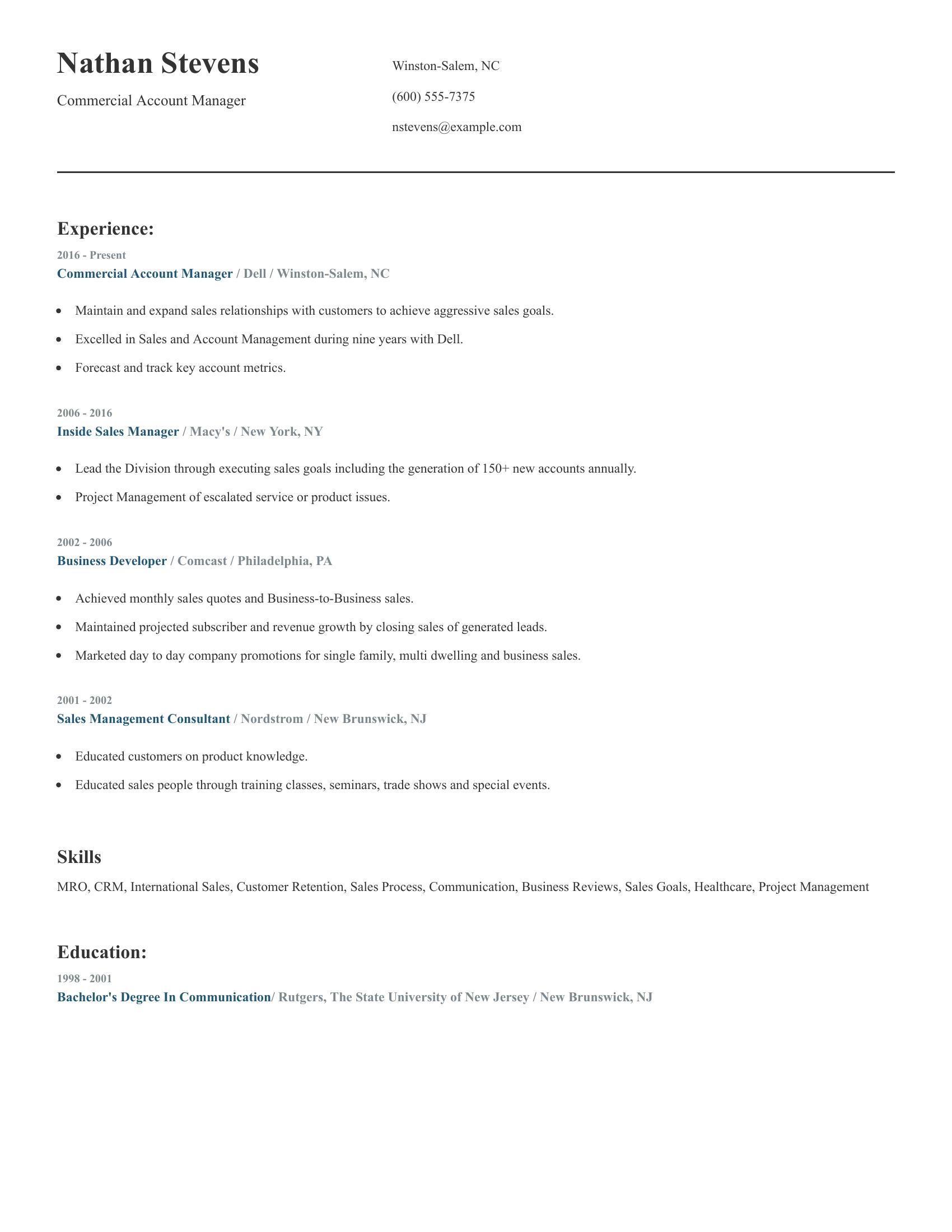Commercial Account Manager resume example
