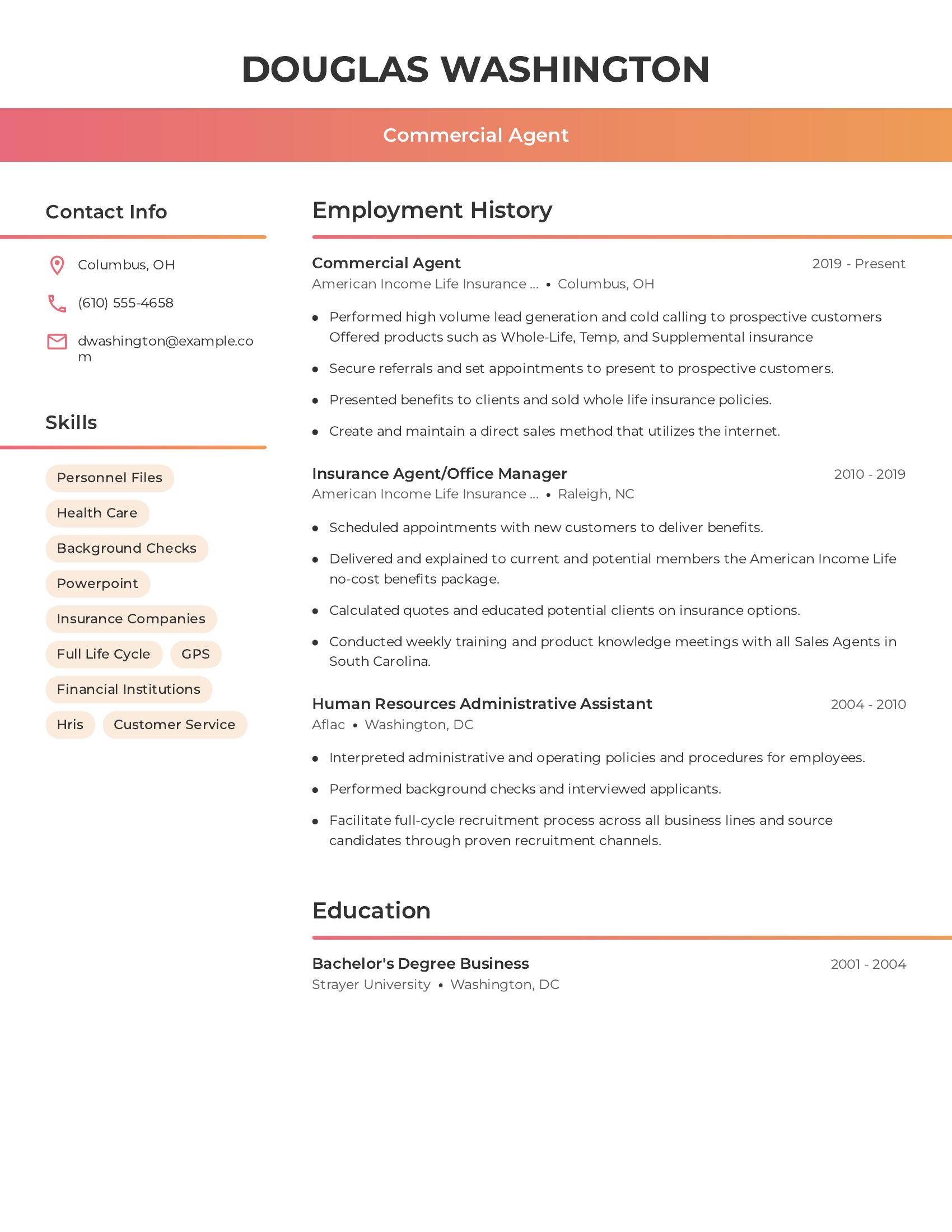 Commercial Agent resume example