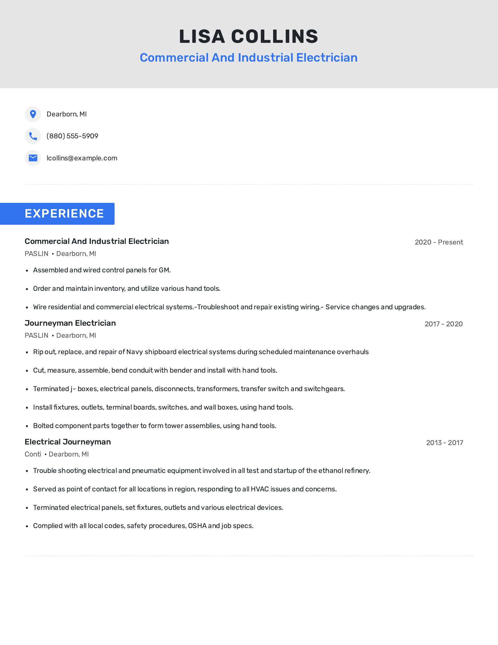 Commercial And Industrial Electrician resume example