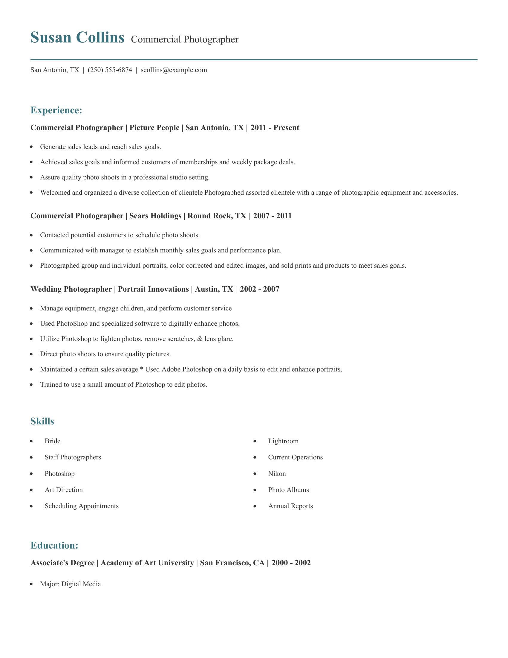 Commercial Photographer resume example