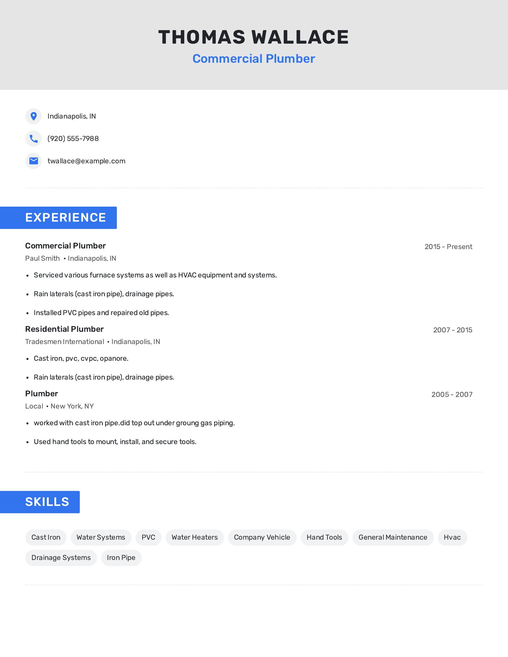 Commercial Plumber resume example