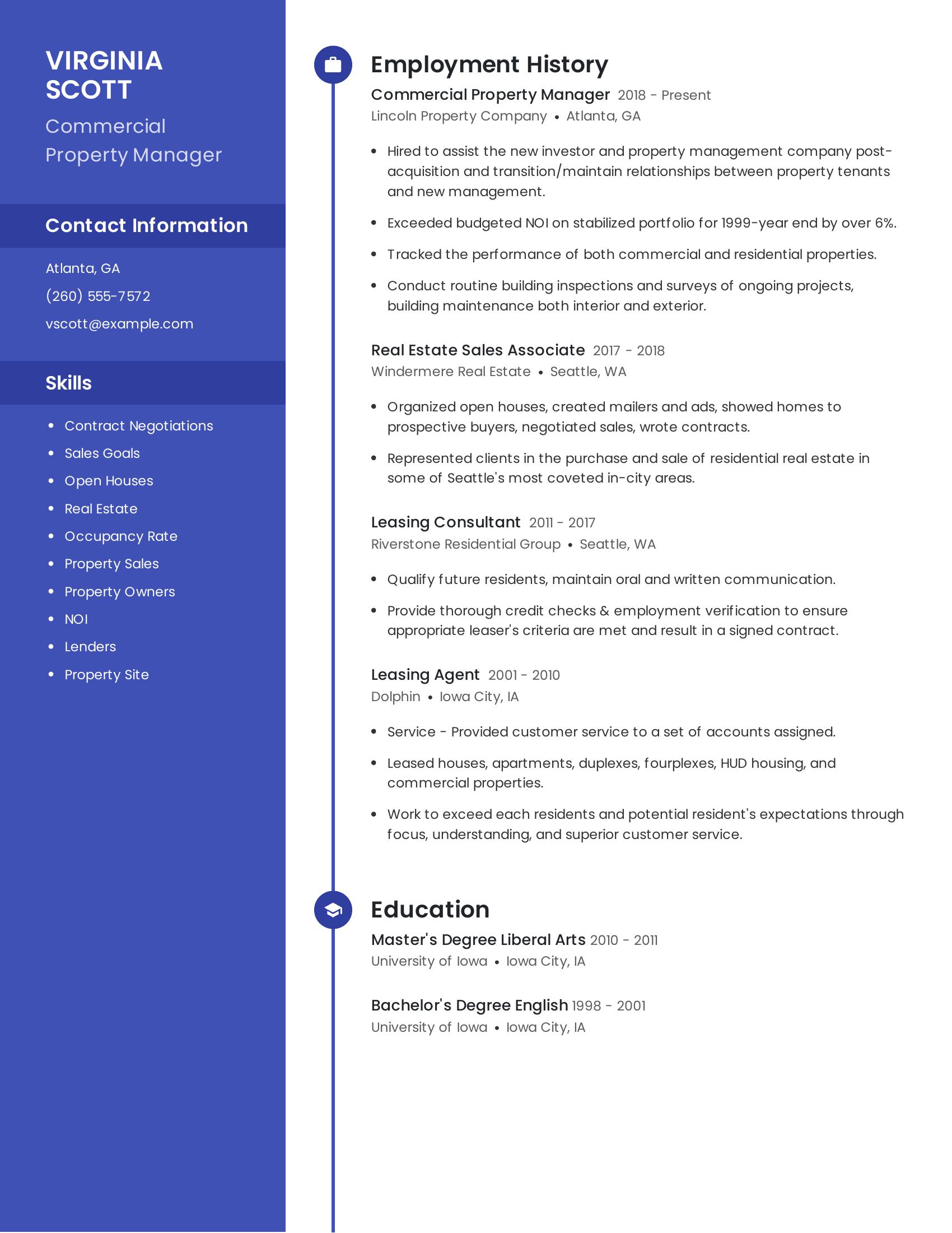 Commercial Property Manager resume example