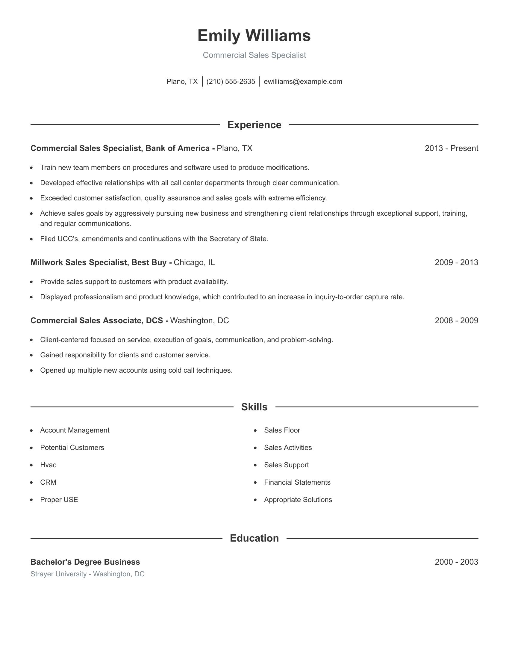 Commercial Sales Specialist resume example