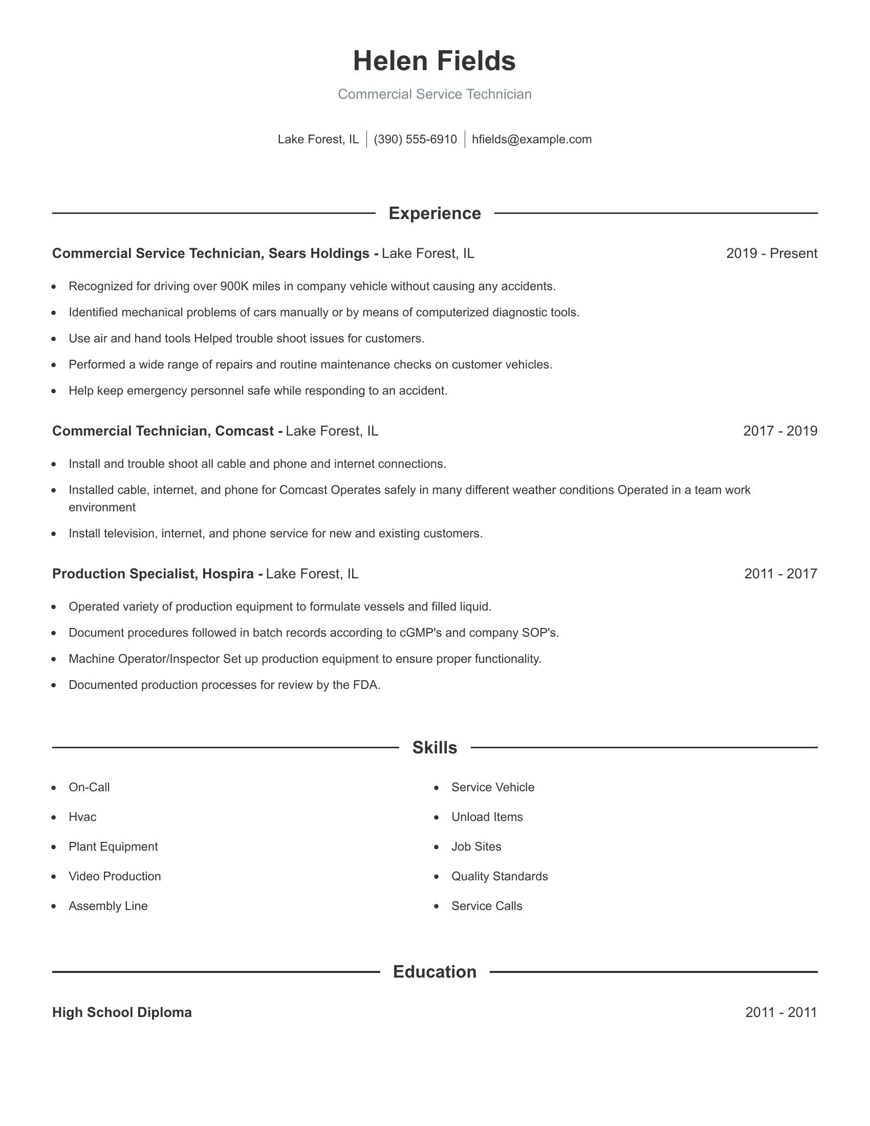 Commercial Service Technician resume example